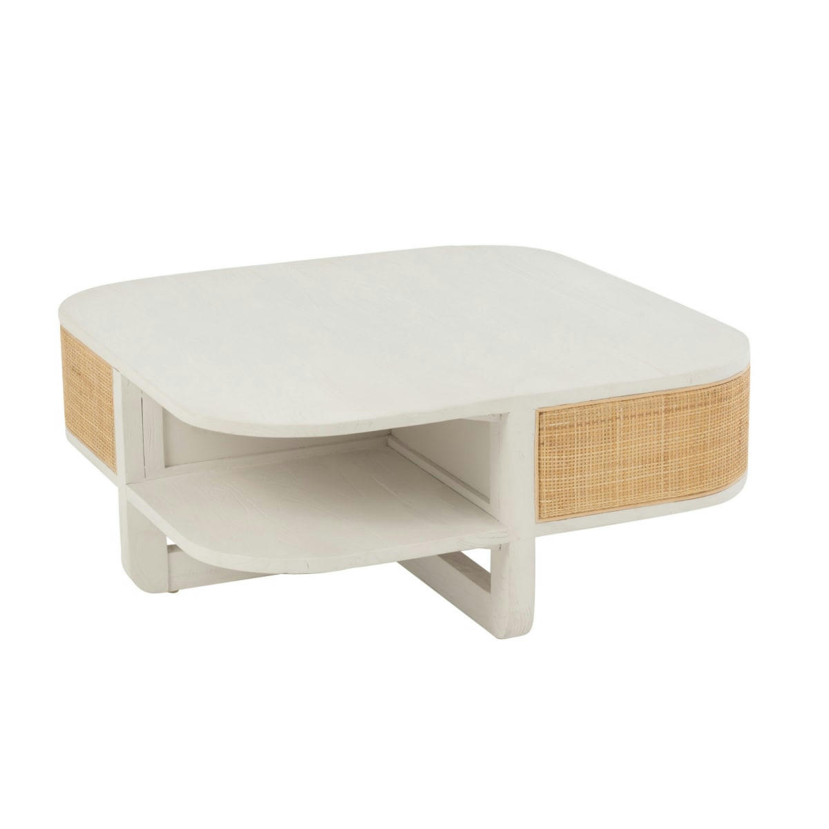 DAISY - Table basse carrée 85cm en rotin et bois blanc