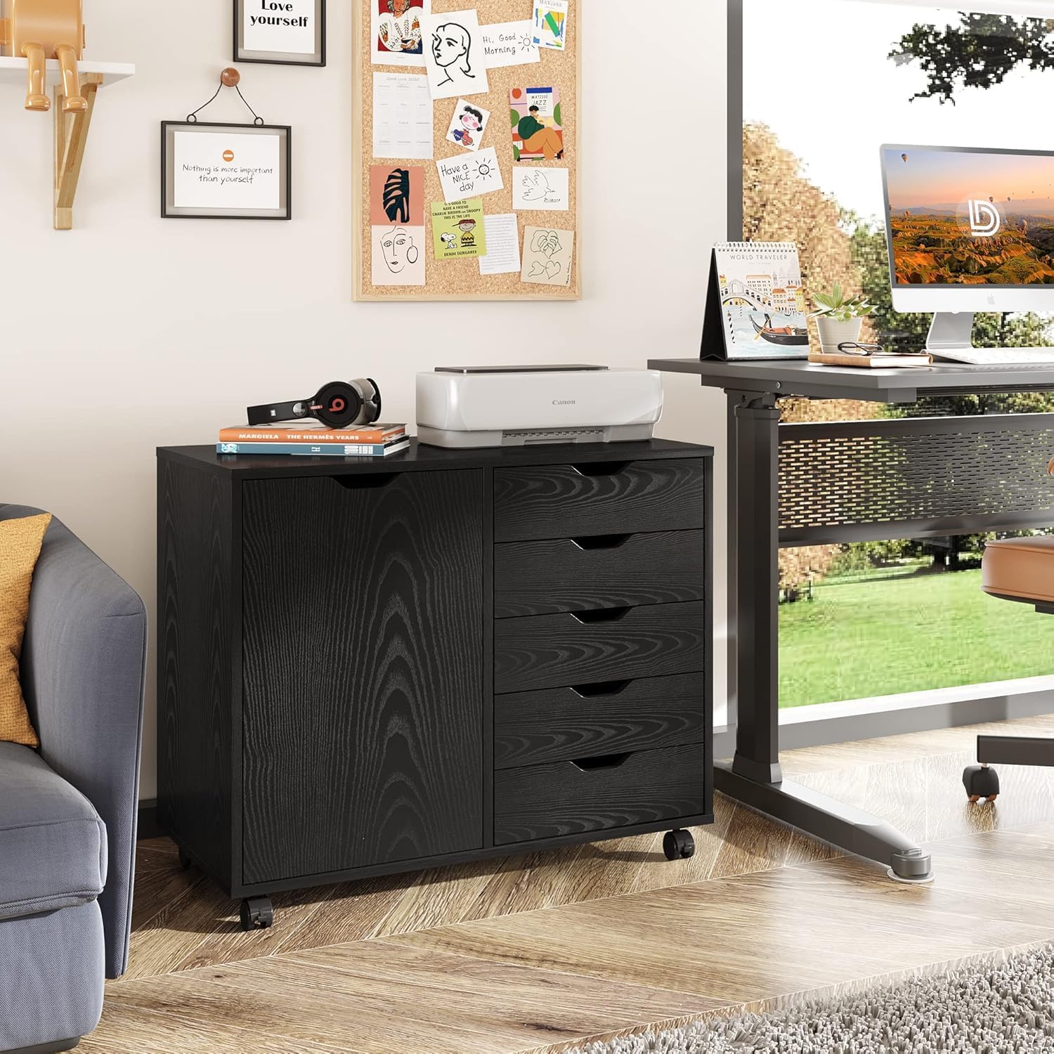 5-Drawer Wood Drawer Cabinet, Office Storage Cabinet with Adjustable Shelf & Wheels, Printer Stand for Home Office, Black, 15.7 D x 30.7 W x 25.4 H