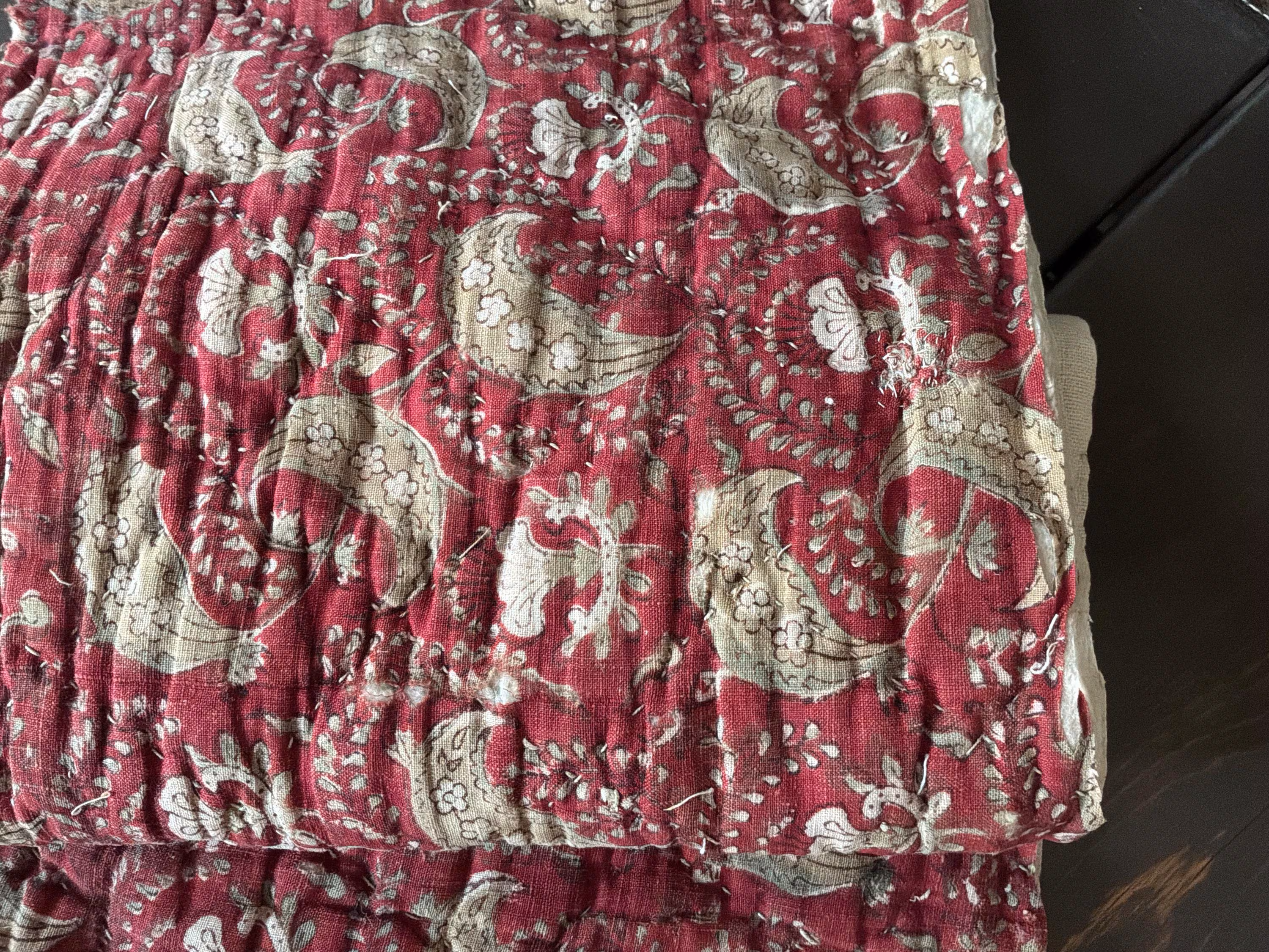 Antique French Quilt Fragment c. 1800 | Madder Red Indienne Linen | Hand Quilted Early French Textile Timeworn Rustic