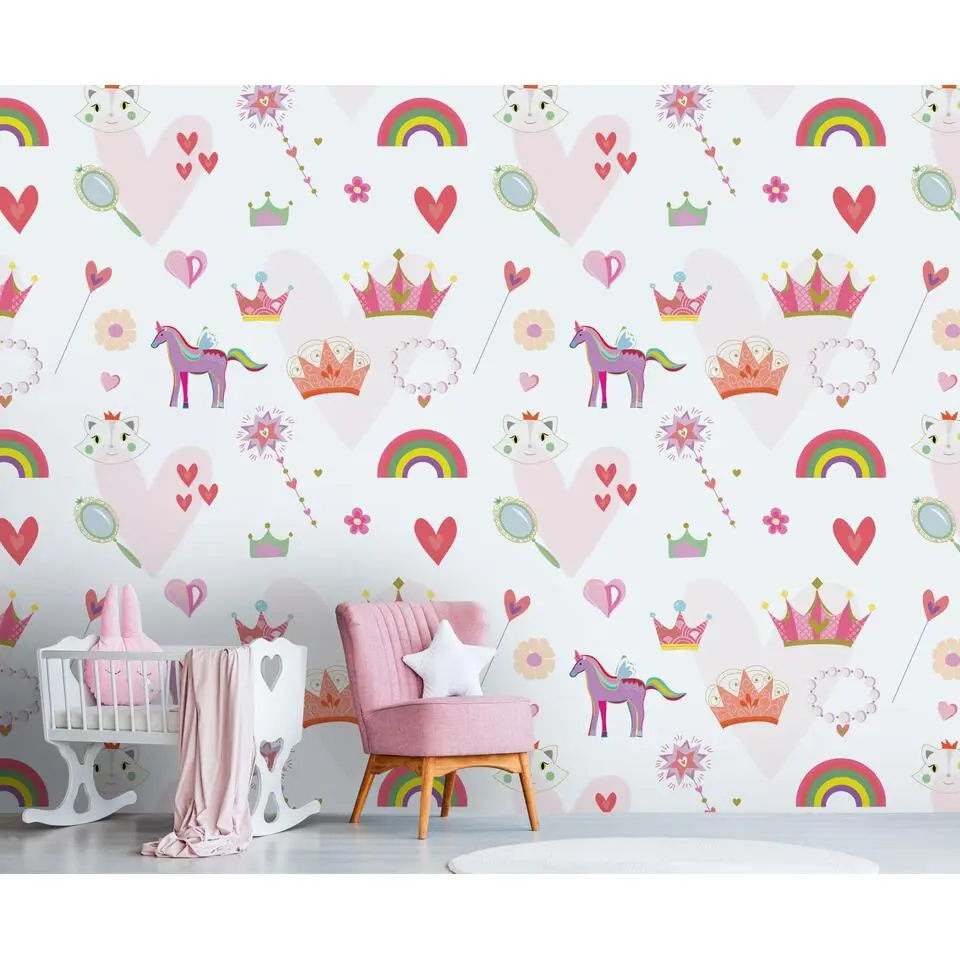 Livingwalls behang dieren meerkleurig, roze, wit, roze en geel - 159 x 280 cm