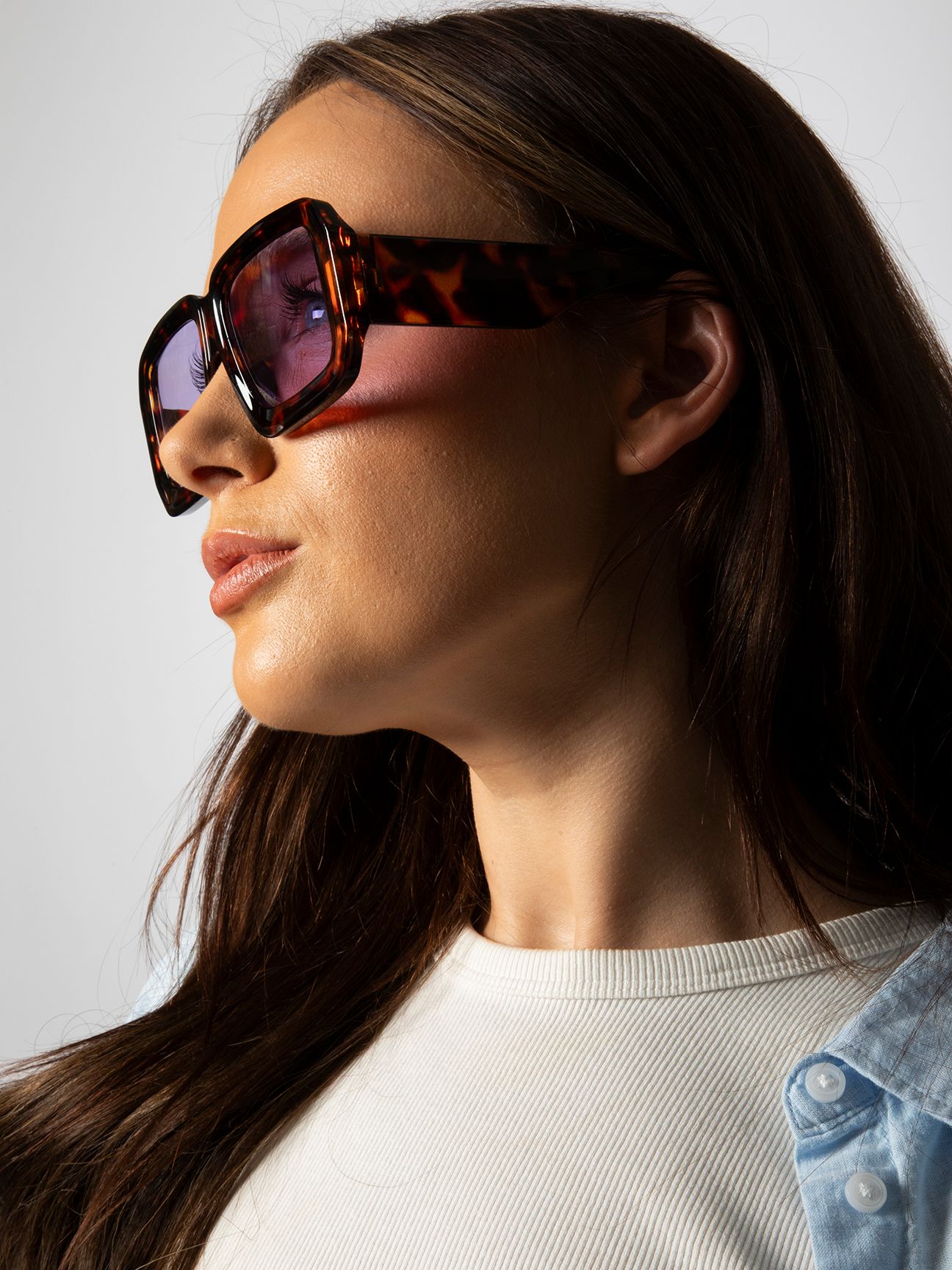 SVNX Oversized Square Frame in Brown Tortoiseshell with Purple Lenses