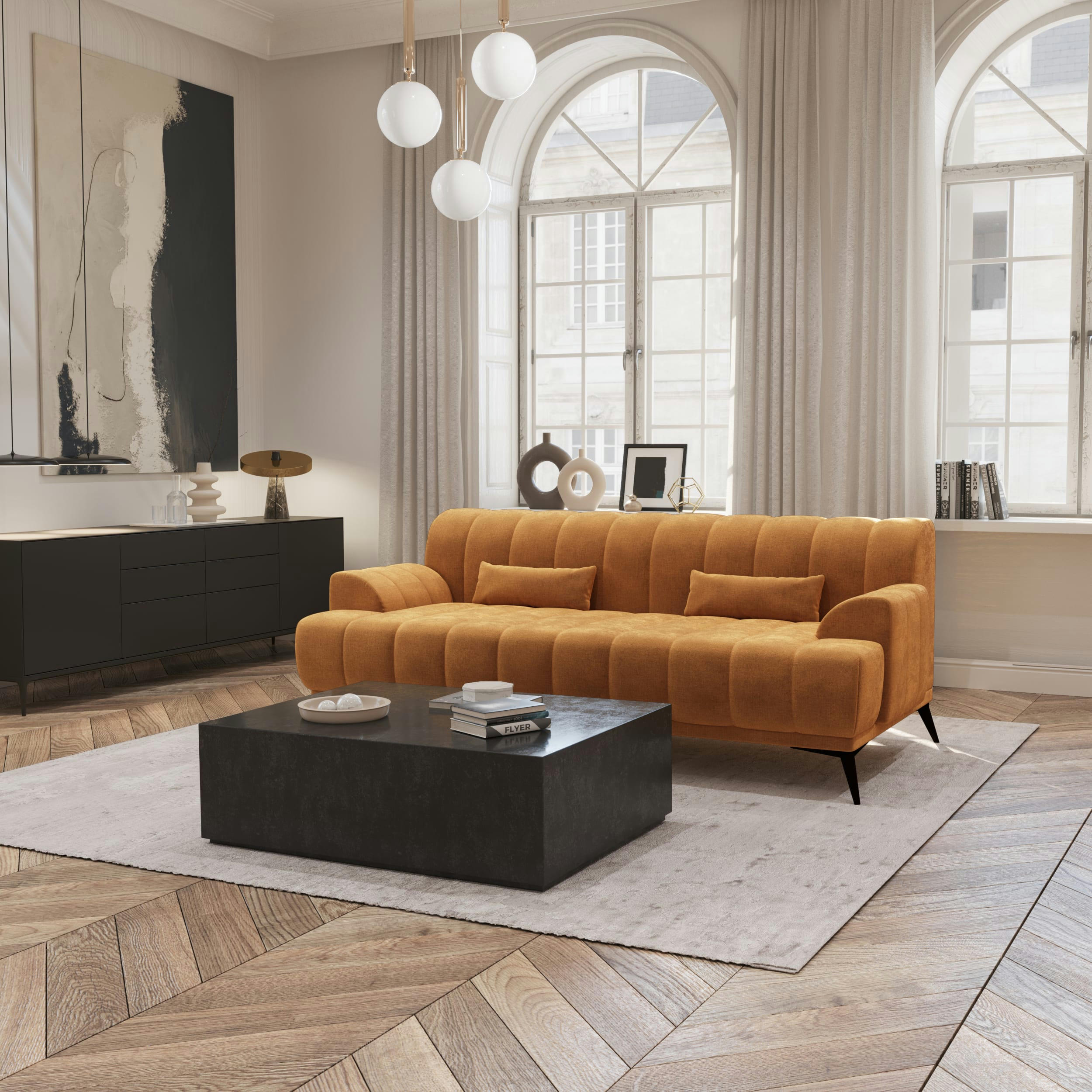 NOAH - Canapé 3 places  tissu velours moutarde