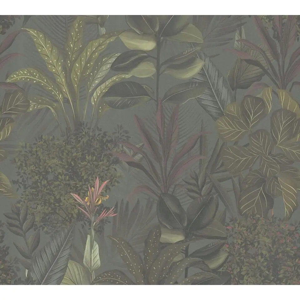 Livingwalls behang tropische bladeren donkergroen en bordeaux rood