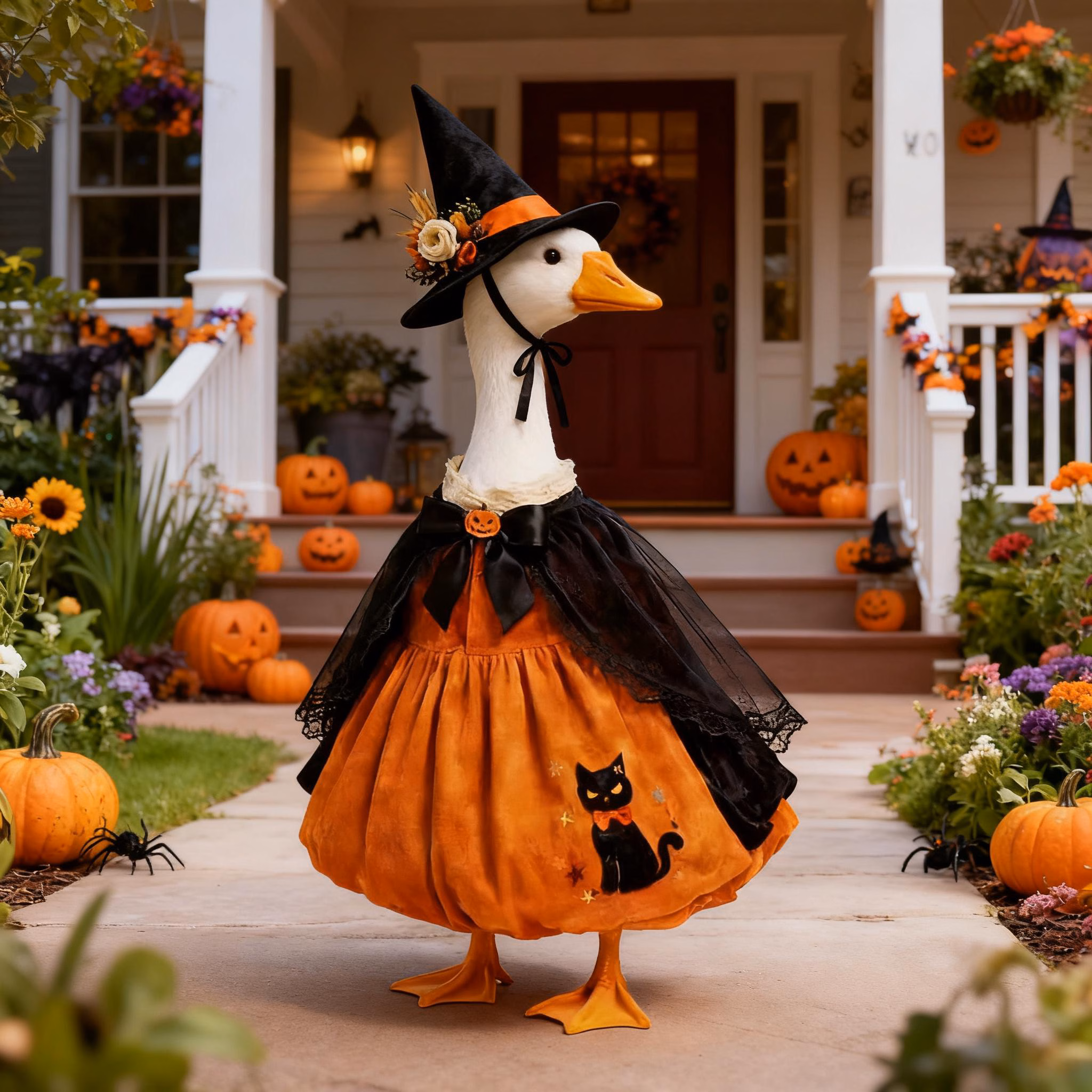 Halloween Pumpkin Porch Goose Costume Set, Fall Lawn Outdoor Outfit, Spooky Patio Yard Decor Fits 23 Inch Cement Porch Goose Statue
