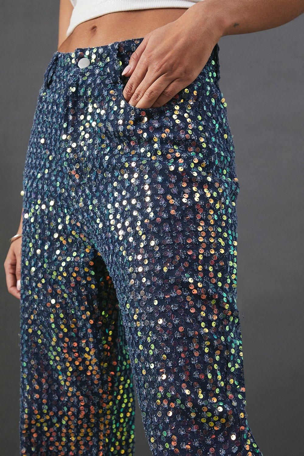 Warehouse Sequin Straight Leg Denim Jeans