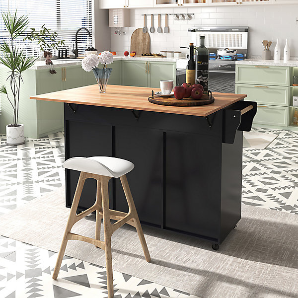 Buffet 129x46x91.5 cm, plateau rabattable, 2 tiroirs, 5 roulettes - noir