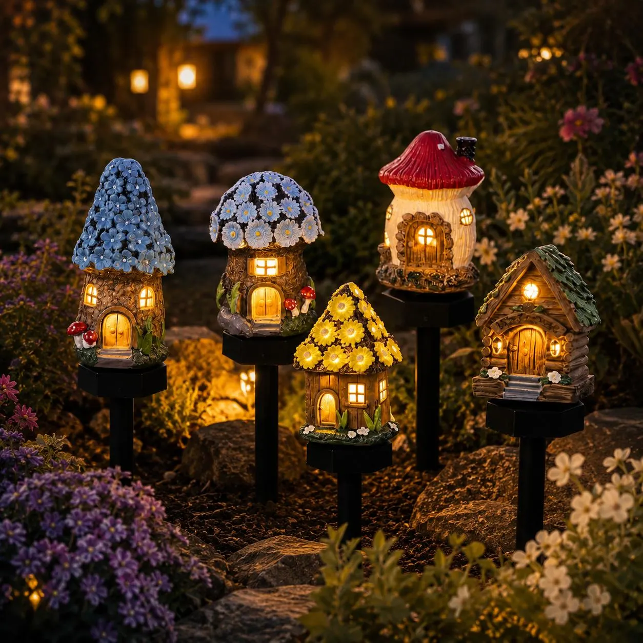 Solar Fairy House Garden Stake Light,Cute Glowing Mushroom,Waterproof Outdoor Stake Light,Whimsical Yard Art,Fairy Village Set,Unique Garden