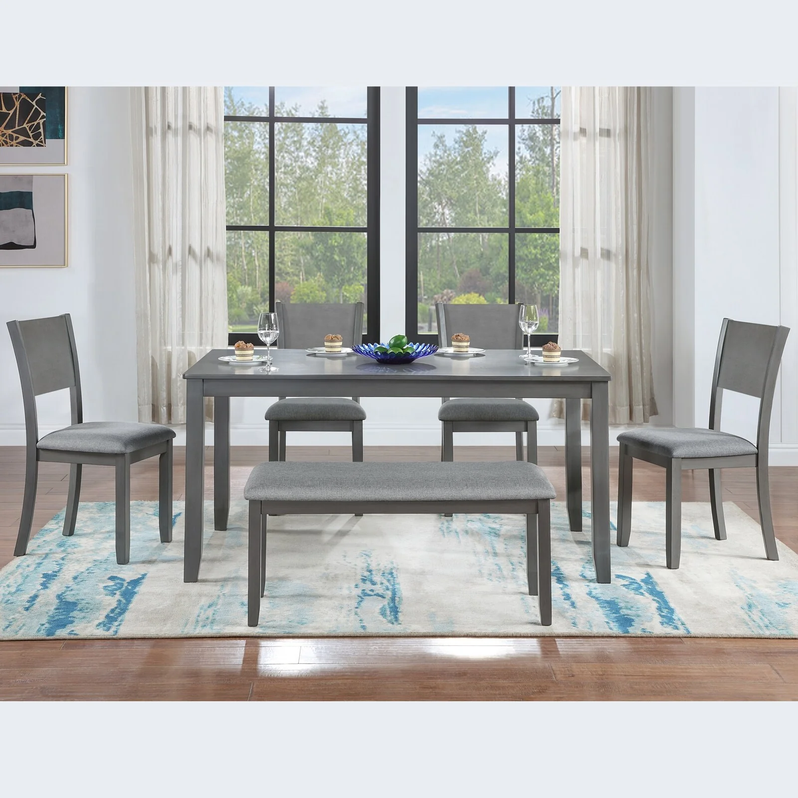 6 Pieces Dining Table Set with Bench, Wooden Rectangular Dining Table with 4 Upholstered Chairs and Bench, for Living Room