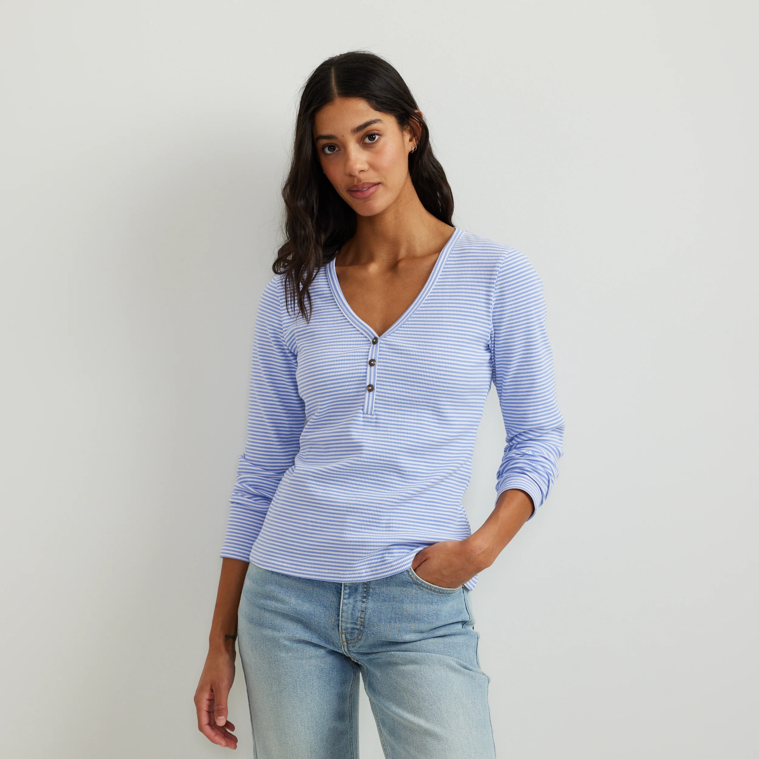 Women's Long-Sleeve Ribbed Henley T-Shirt - Stripe