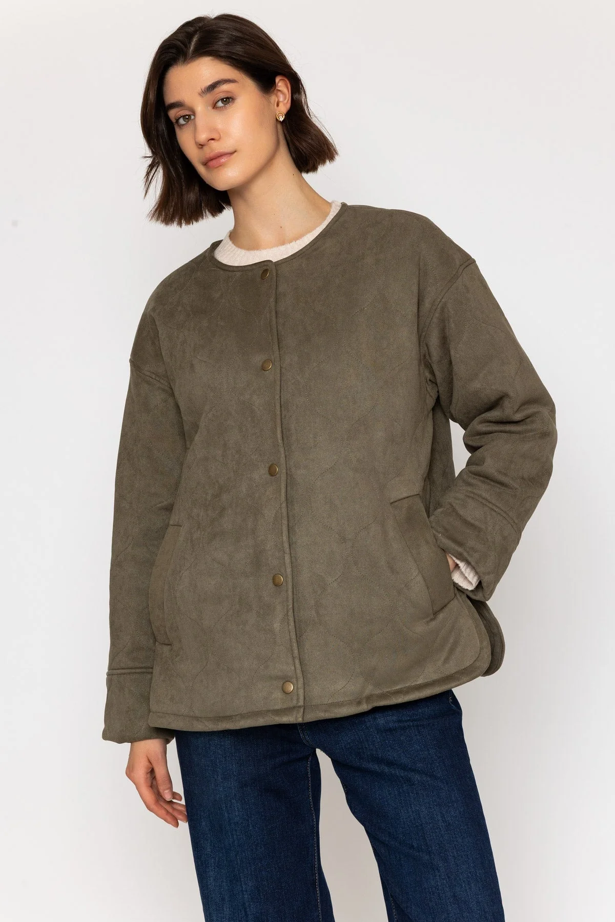 Khaki Suedette Quilted Coat