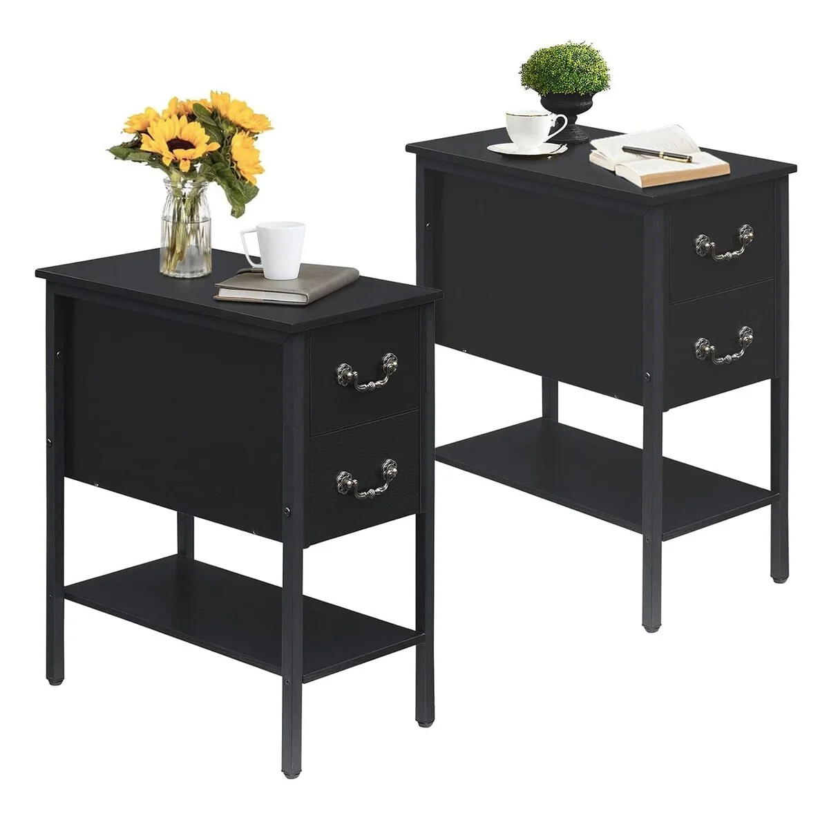 Industrial 2-Drawer Nightstand Narrow End Side Table (Set of 2)