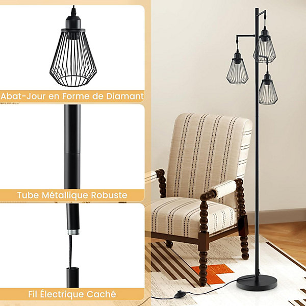 Lampadaire sur Pied Vintage 3 Têtes en Forme de Larme Lampe Salon Design avec Hauteur 168CM Lampadaire Arbre Rustique Noir