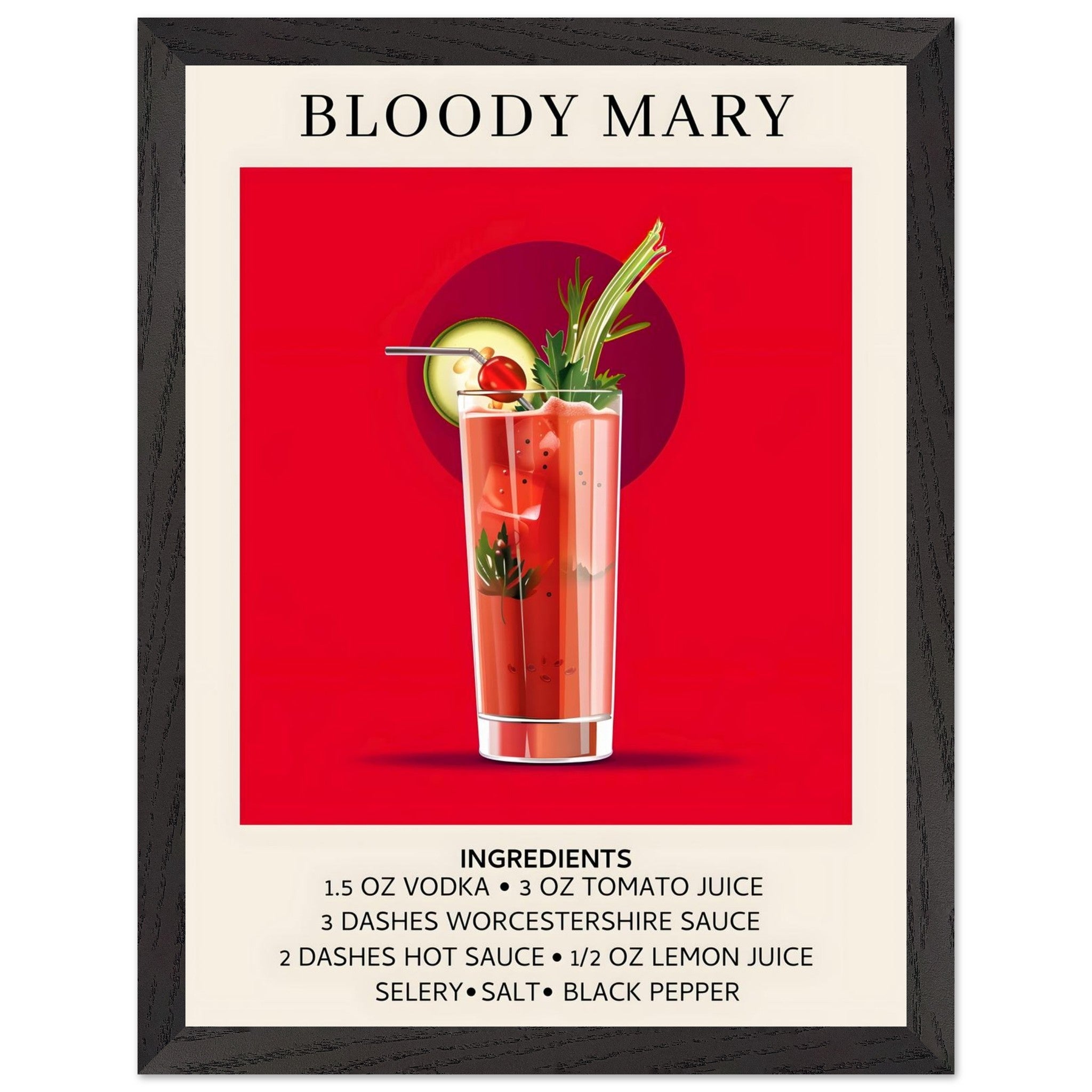 Artfulprints Poster met Lijst Bloody Mary cocktail - Ingrediënten  - 30x40 cm - Rood