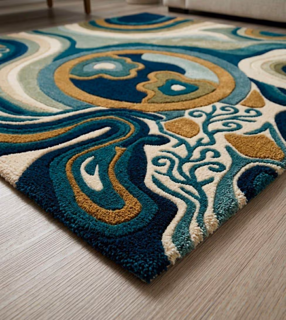 4x6 Modern Abstract hand Tufted Area Rug, Teal Blue Swirl Carpet, Large Topographic Wave Rug for Living Room, Bedroom Rug, custom size