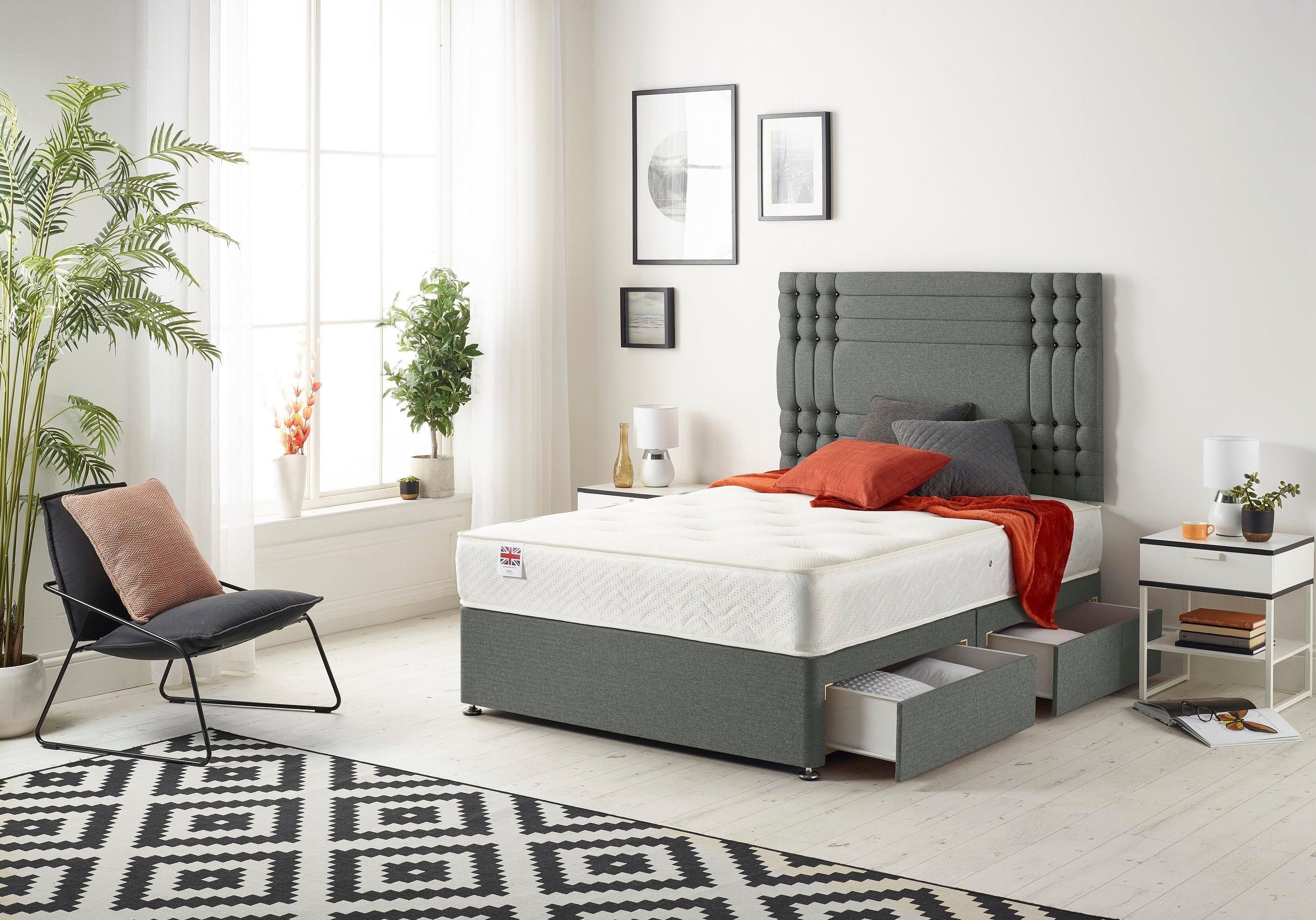Somnior Flexby Sprung Memory Foam 2 Drawer Divan Bed with Upholstered Headboard Linen Fabric