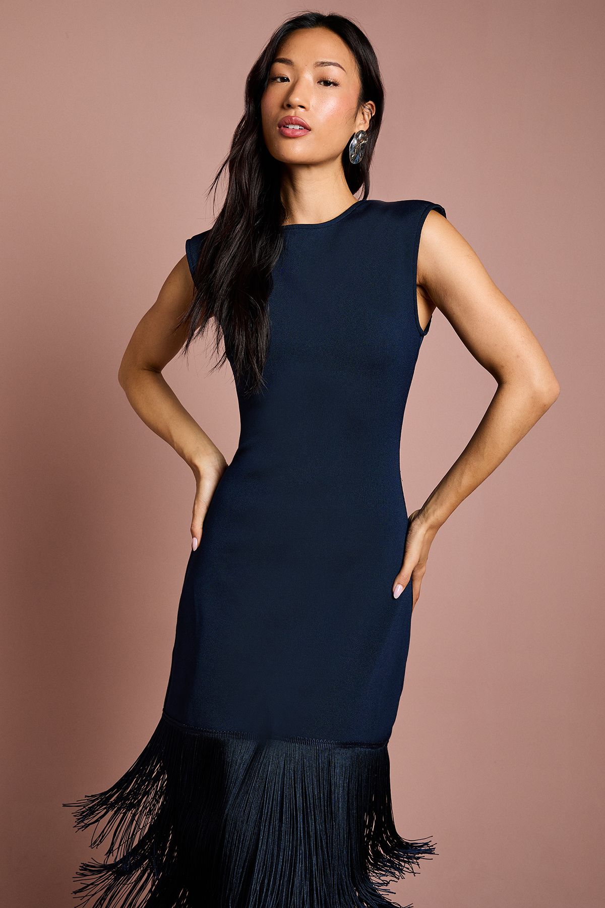 Coast Bandage Knit Fringed Hem Midi Dress