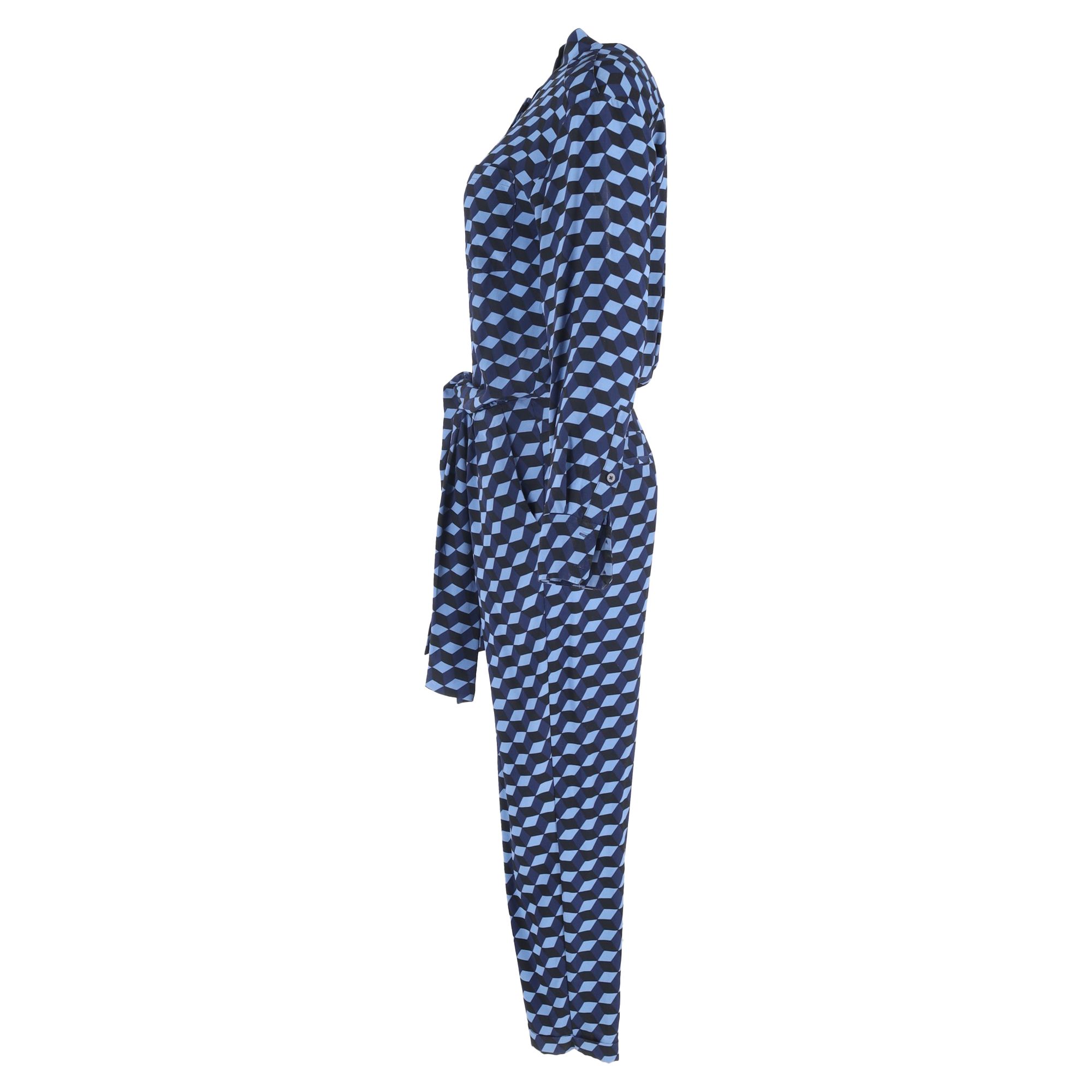 Diane Von Furstenberg Preloved Geometric Printed Long Sleeve Jumpsuit in Blue Viscose