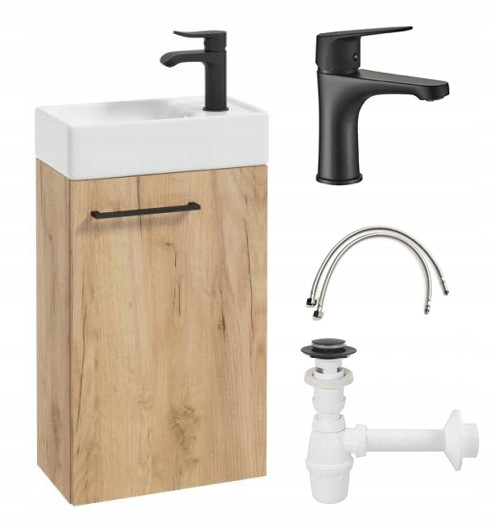 Wisząca szafka łazienkowa z umywalką 40cm, dąb craft z czarną baterią