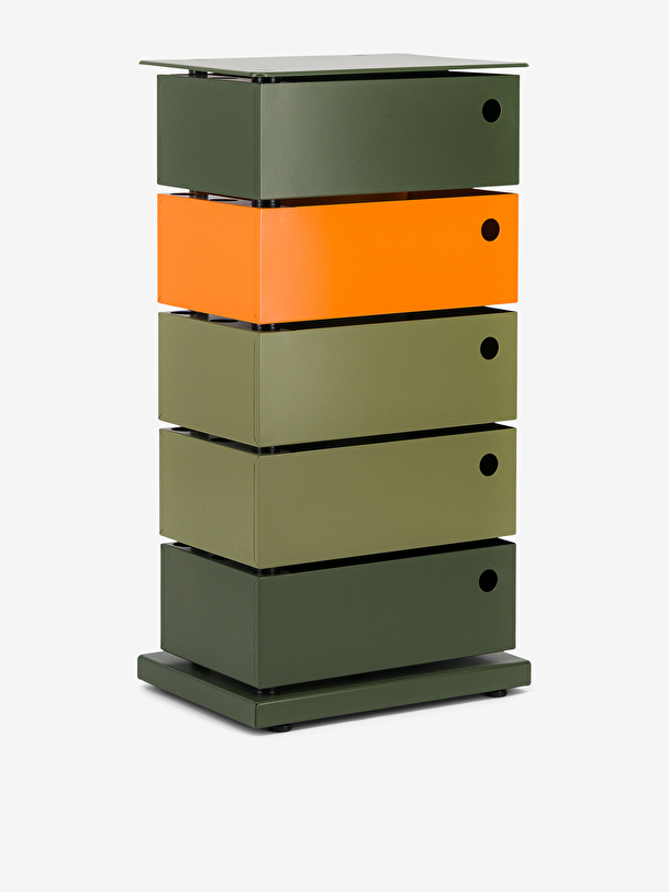 Meuble 5 tiroirs pivotants orange/kaki