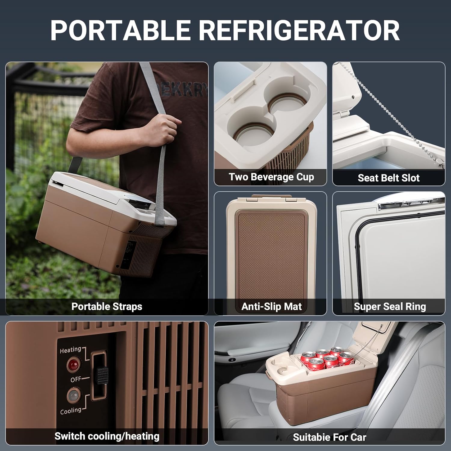 ICEROVER 12V Car Refrigerator Cooler/Warmer 6 Quart (6L) 40℉~140℉,12 Volt DC &110V AC, Electric Car Fridge Portable Compact Camping Cooler,Thermoelectric 12V Small Fridge for Car,RV,Camping (Brown)