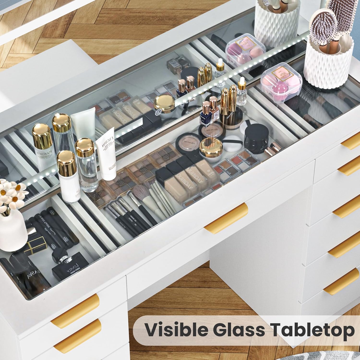 Pamapic Glass Top Vanity Desk with Mirror and Lights, 11 Drawers Makeup Vanity with Charging Station and Chair, Golden Handles Dressing Table, 3 Lighting Modes Makeup Table, White