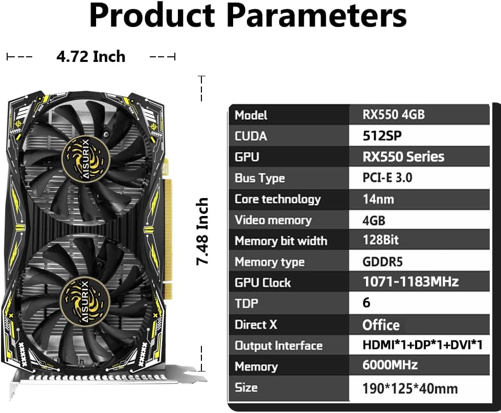 AISURIX RX 550 4GB Graphics Card GDDR5 128Bit Computer Video Card with HDMI/DVI Ports DirectX 12 PCI Express 3.0 X8 GPU Graphics Card for Gaming PC