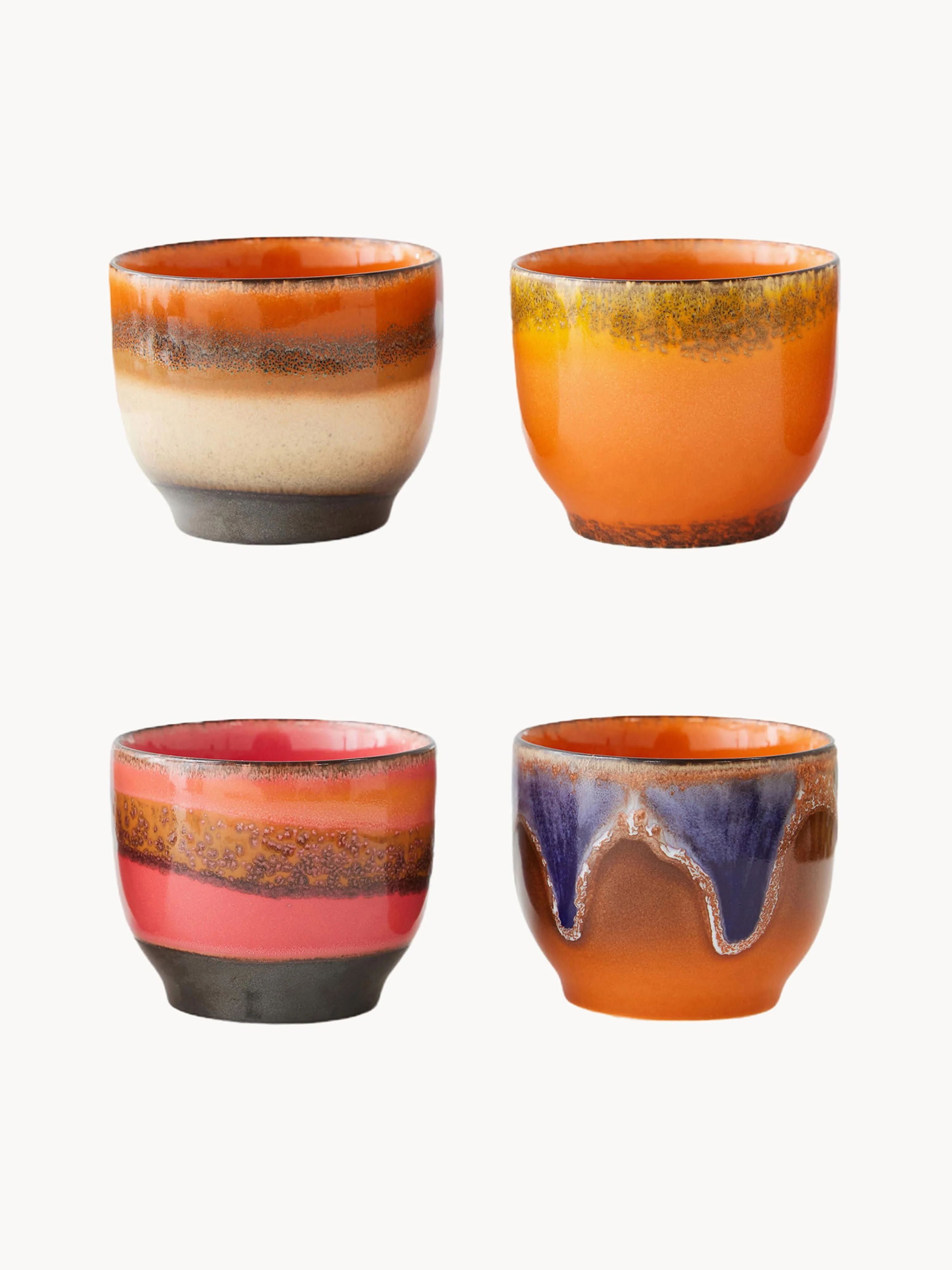 Handgefertigte Becher 70's mit reaktiver Glasur, 4er-Set
