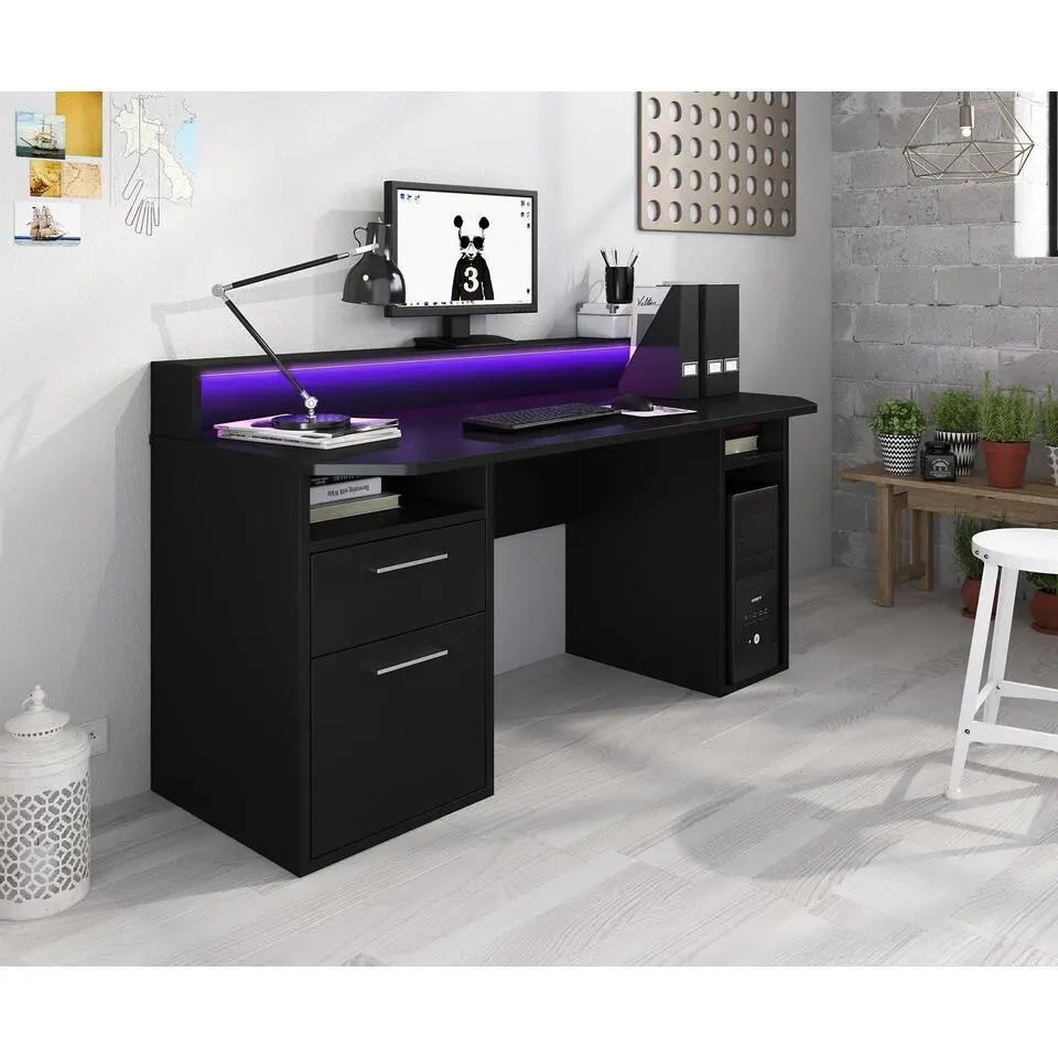 Meubella - Bureau Tamara 3 - Zwart - 160 cm - Met LED
