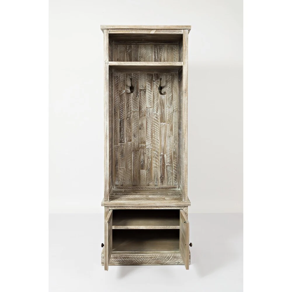 Transitional Style Wooden Hall Tree with Two Hooks, Brown and White