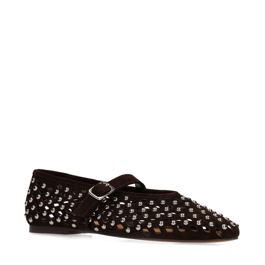 Manfield Bruine suède ballerina's met studs