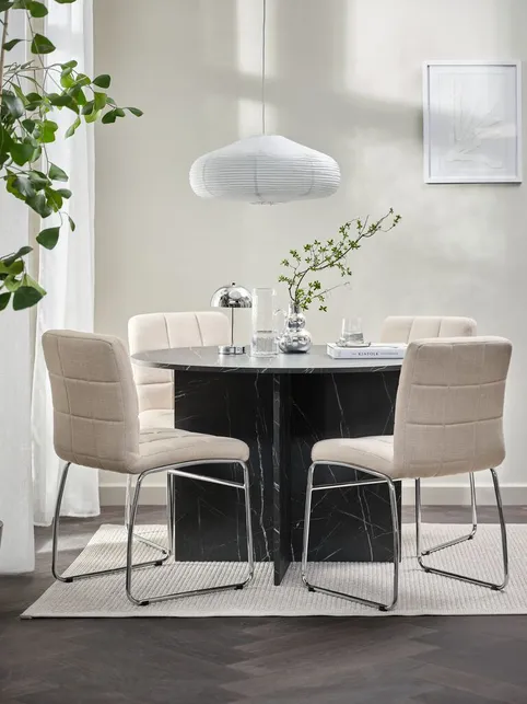 KRONDAL Ø110 bord marmor + 4 HAMMEL stole beige