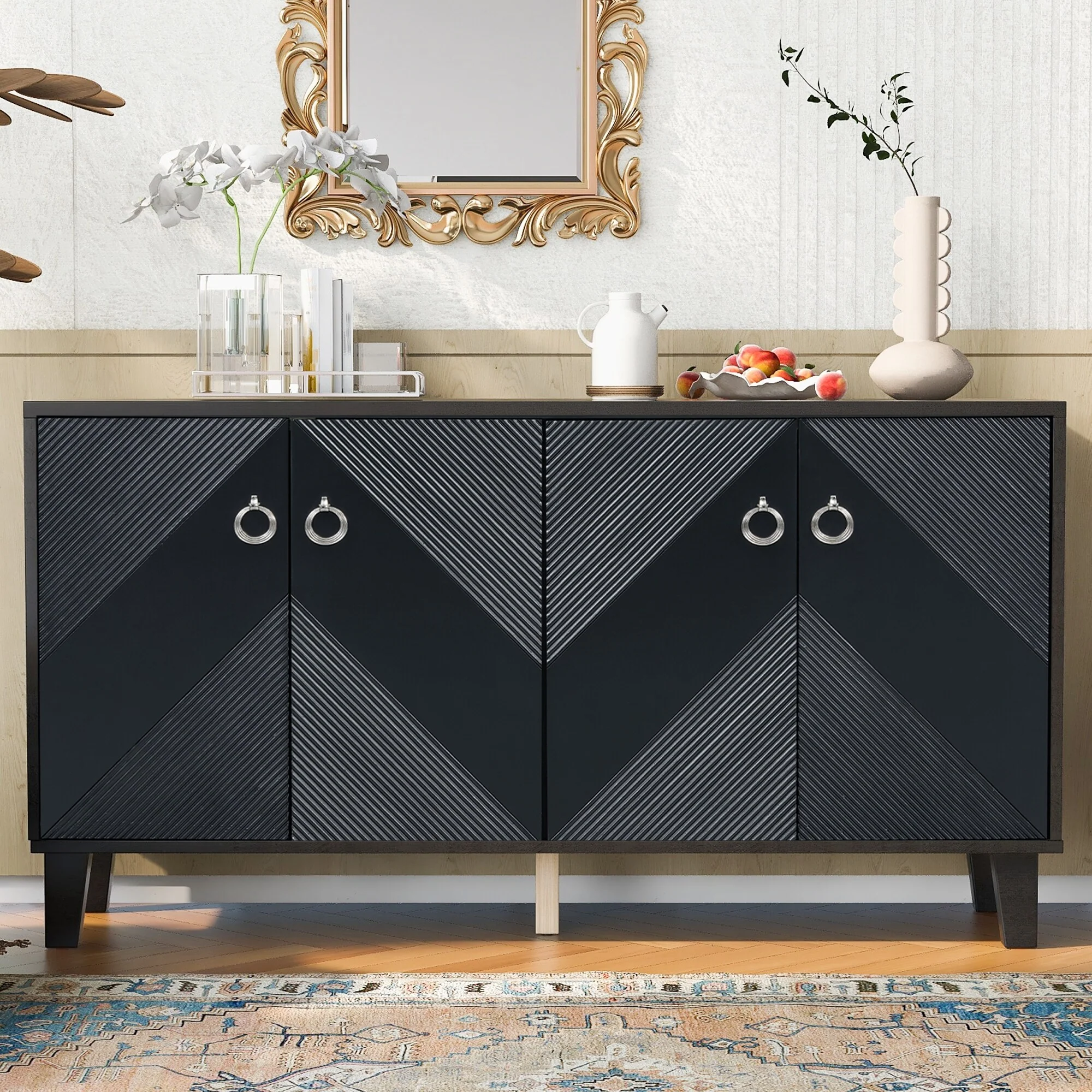 Wood Cupboard Sideboard with 4 Geometric Patterns Door, Storage Cabinet with Round Handle and Legs Tapered Legs