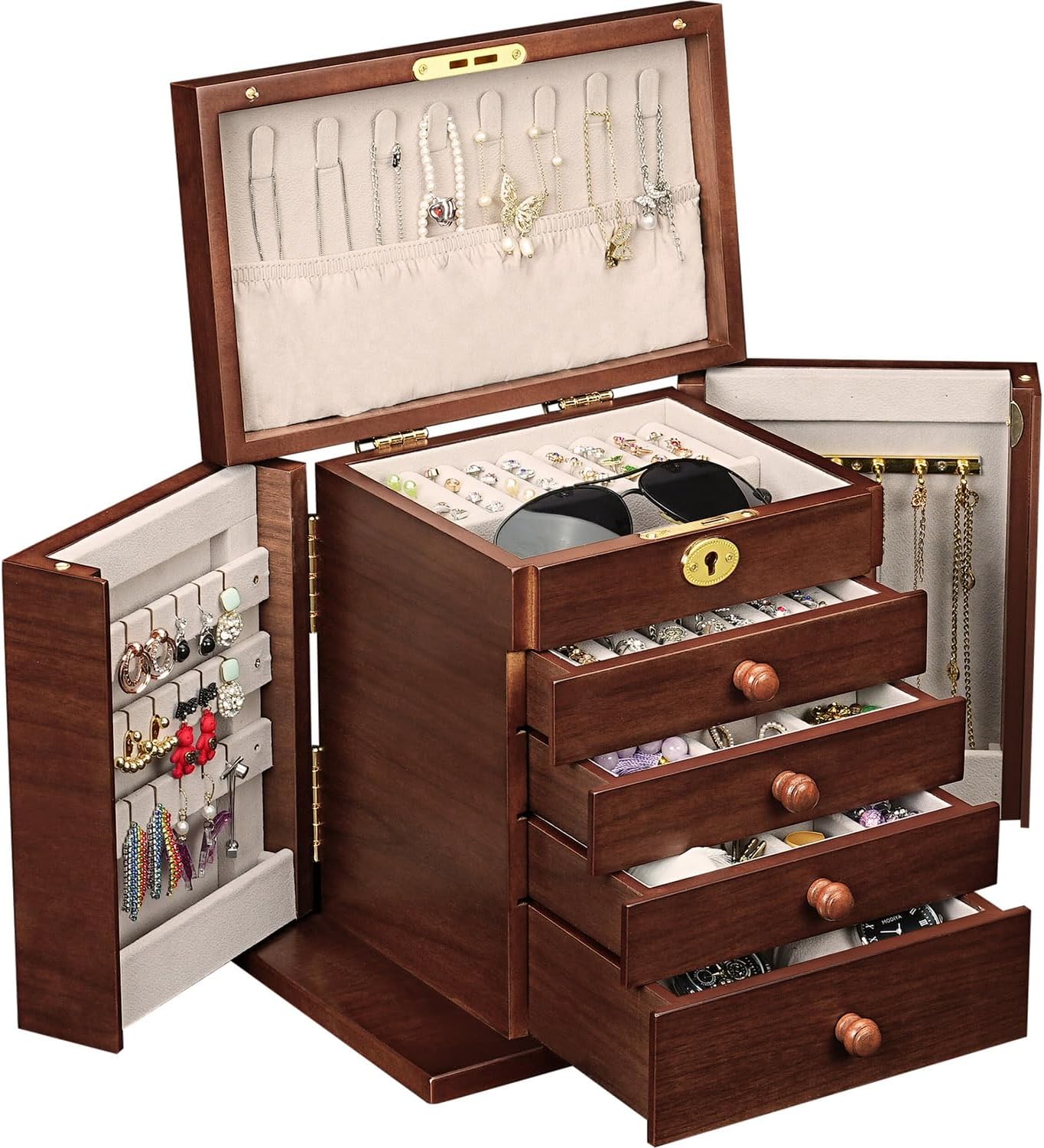 Lockable Wooden Jewelry Box for Women - 8-Layer Dresser Top Jewelry Boxes and Organizer with Key,Large Storage for Necklaces,Solid Wood Jewelry Organizers with Necklace Hooks