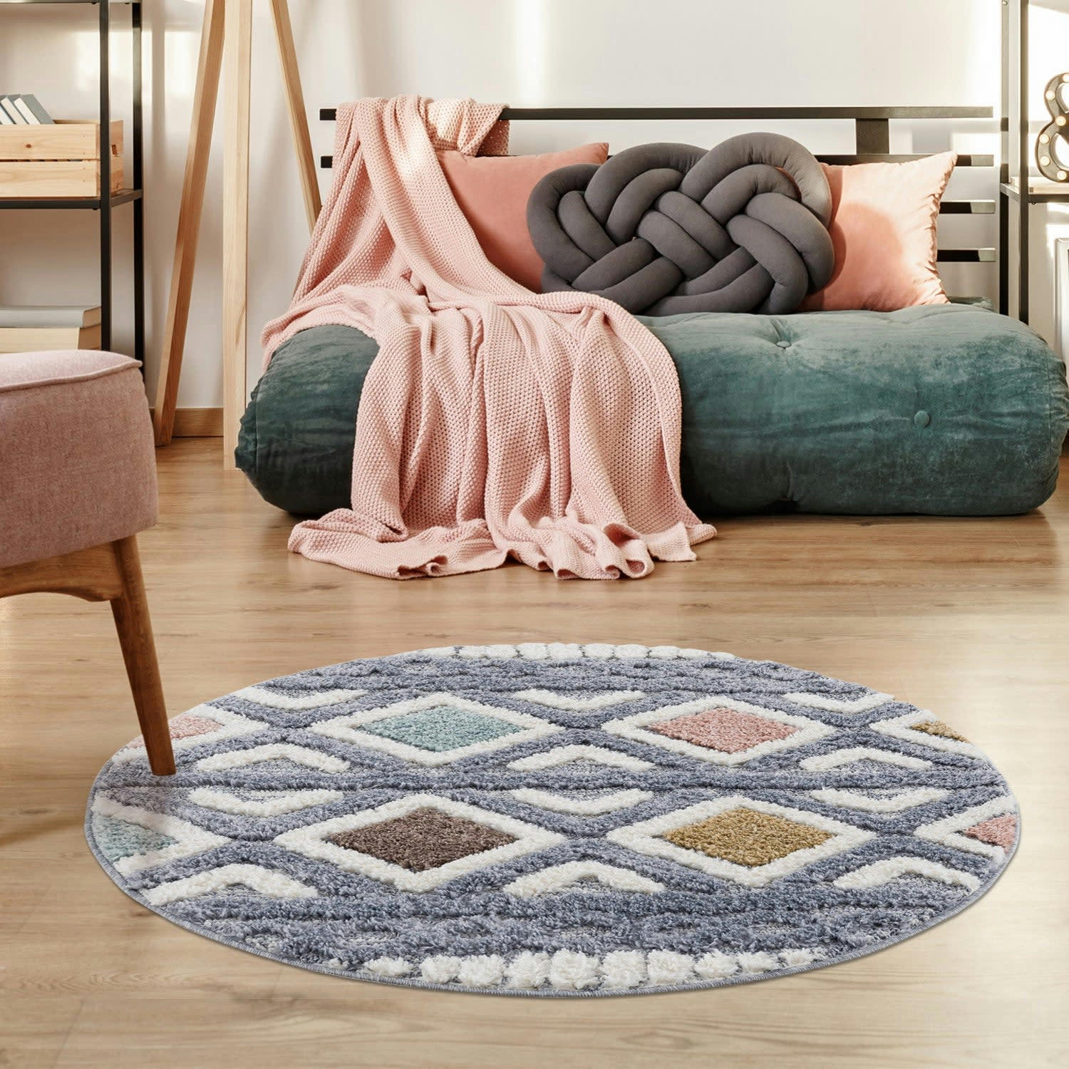 BÖHMEN - Tapis rond à poils longs et relief multicolore 160x160cm