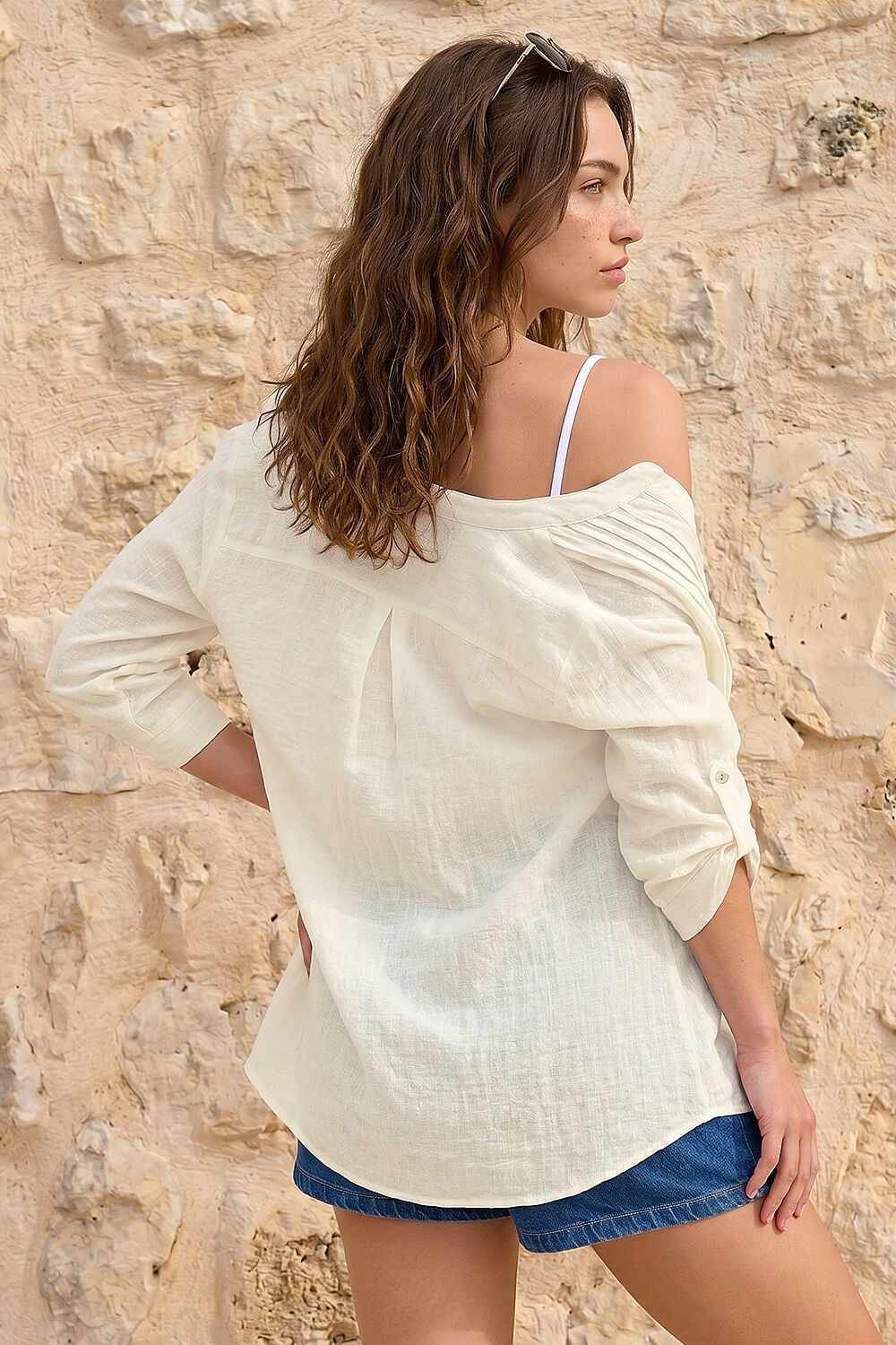 Roman Petite V-Neck Button Front Top
