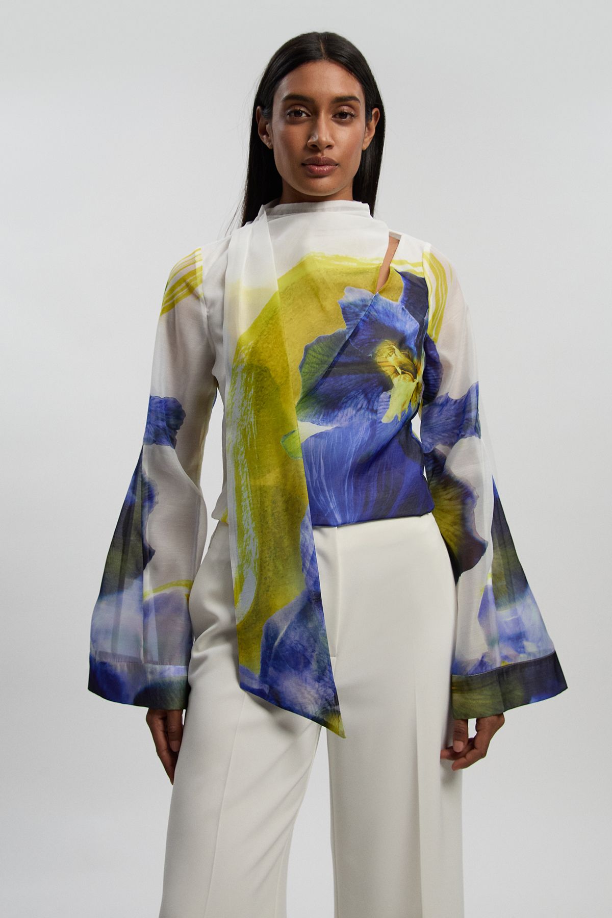 KarenMillen Photographic Floral Organza Scarf Detail Woven Flute Sleeve Blouse
