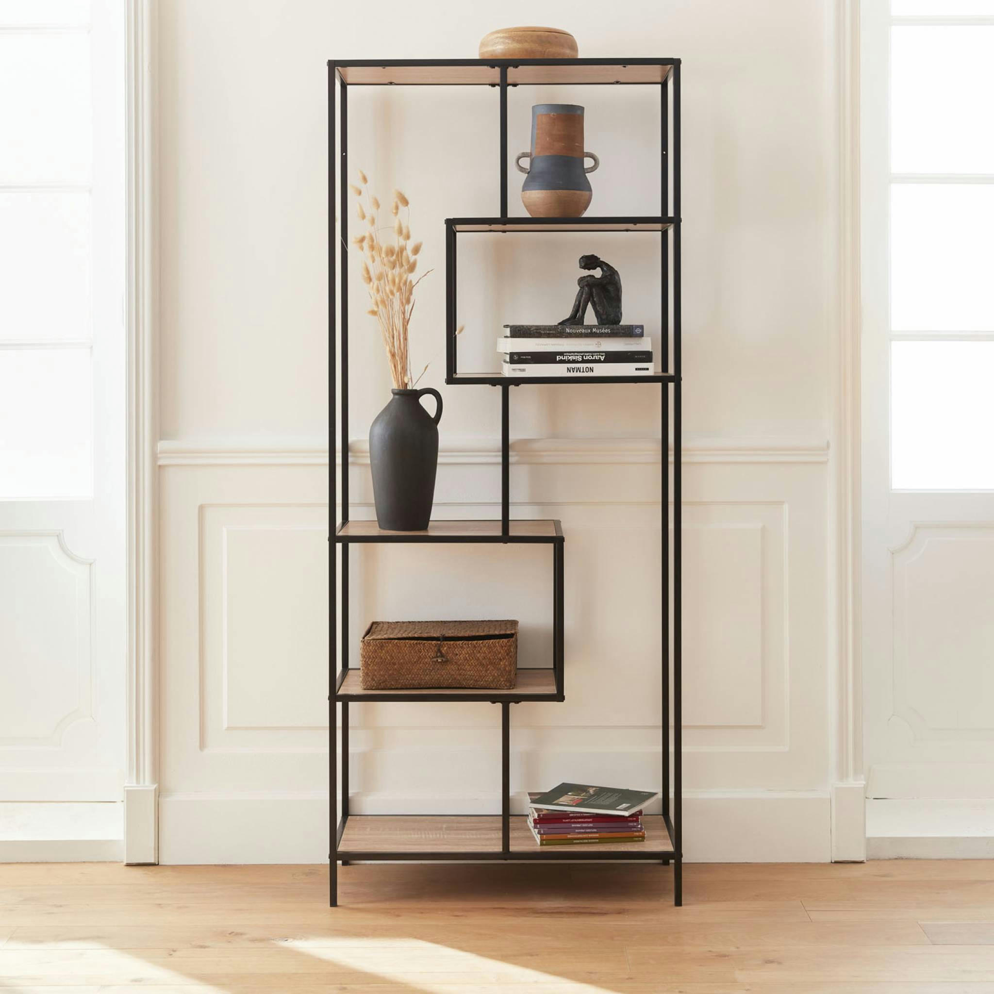 LOFT - Etagère asymétrique en métal noir & décor bois
