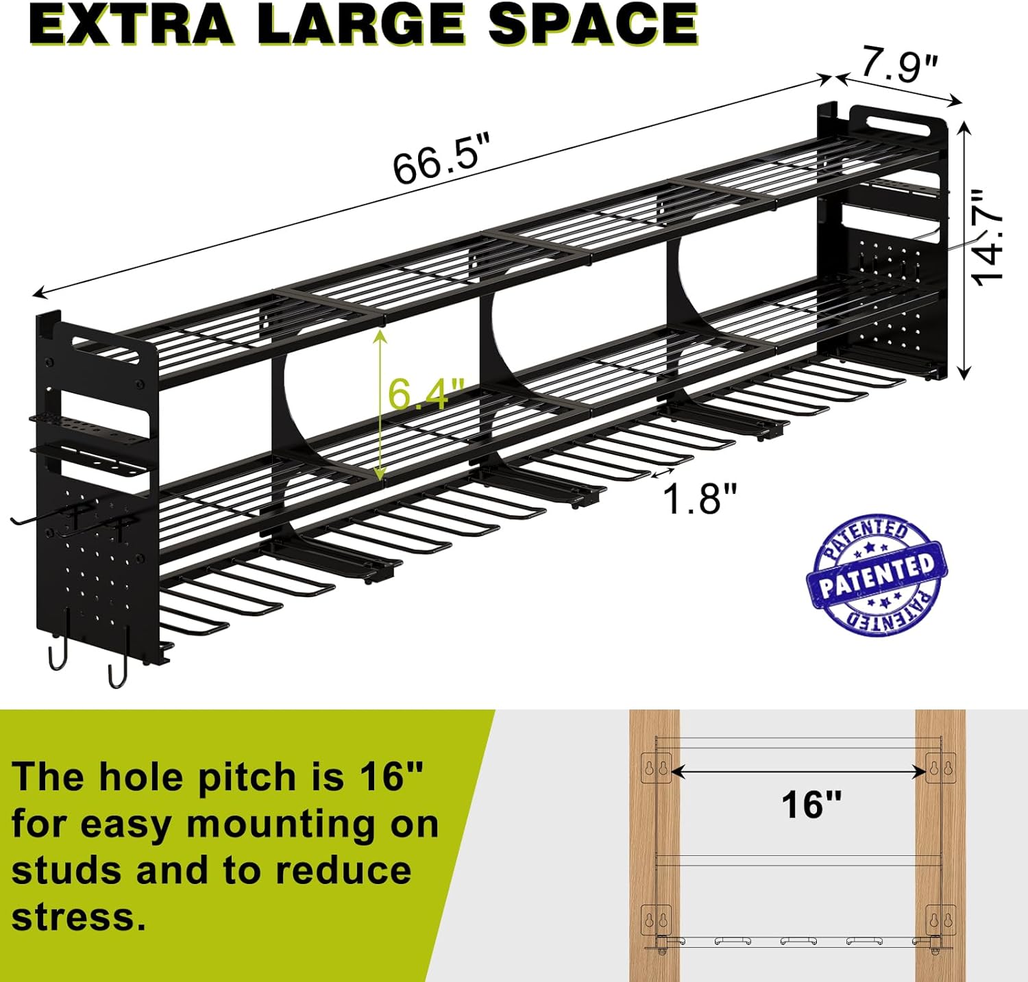 64 Power Tool Organizer Wall Mount, 16 Slots, 3-Tier Drill & Cordless Tool Storage Holder with Pegboard Sides, Tool Wall Organizer for Garage & Workshop Black