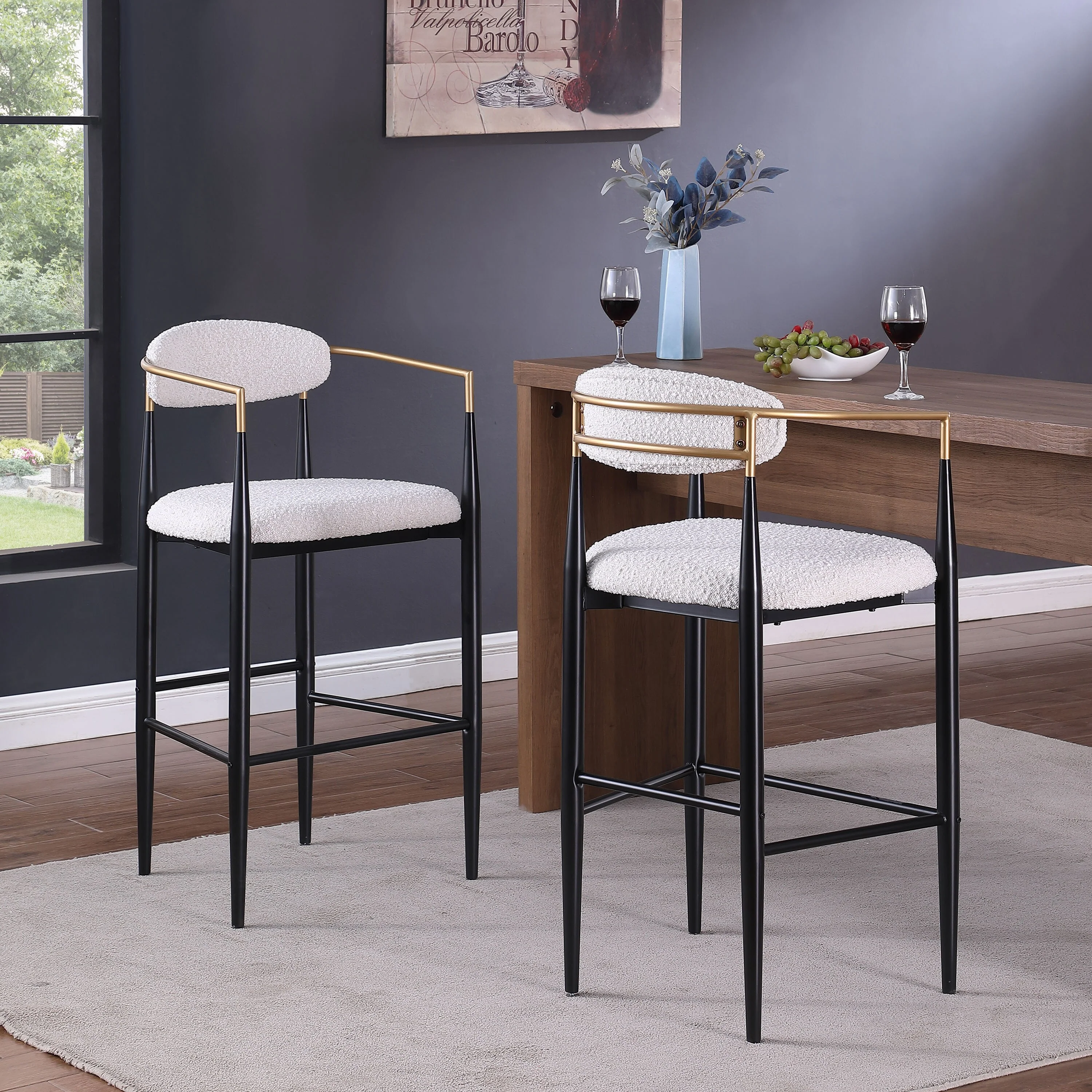 Roomfitters Counter Height Barstool Set of 2, Bouclé Upholstered Seat with Metal Frame and Armrests, Beige