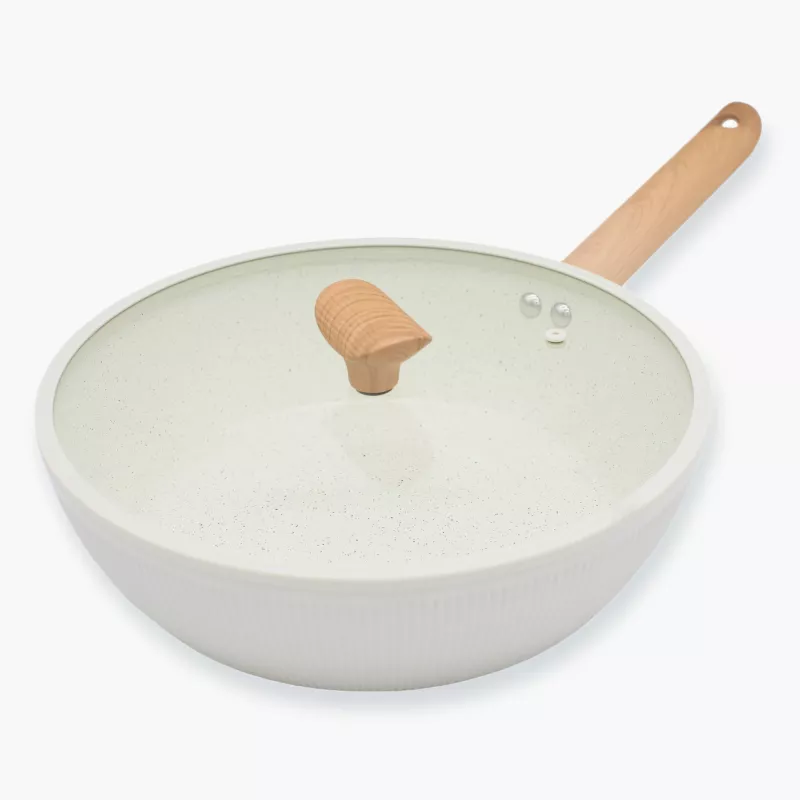 Patelnia głęboka z pokrywką DUKA GRAN 28 cm beżowa szara aluminiowa