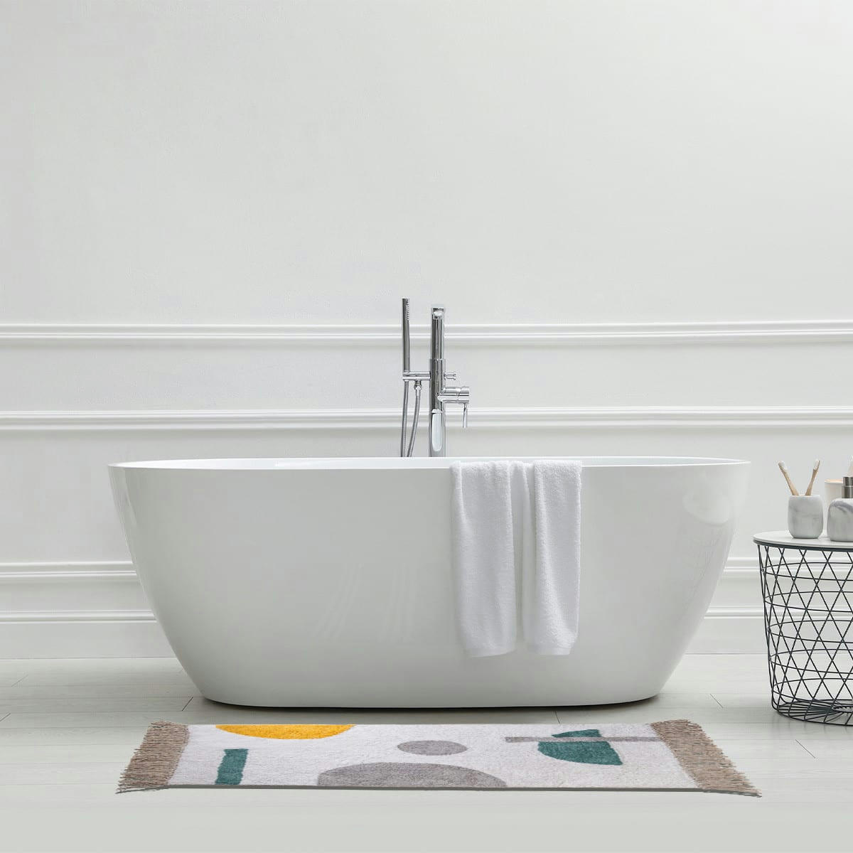 ABSTRAIT - Tapis de bain coton figuratif blanc à franges 60x120cm