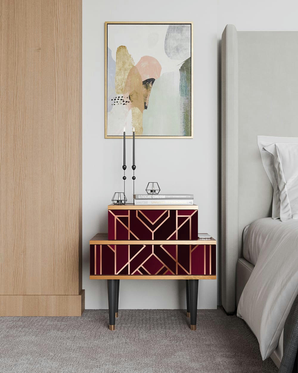 BURGUNDY JEWELERY - Table de chevet bordeaux 2 tiroirs L 58 cm