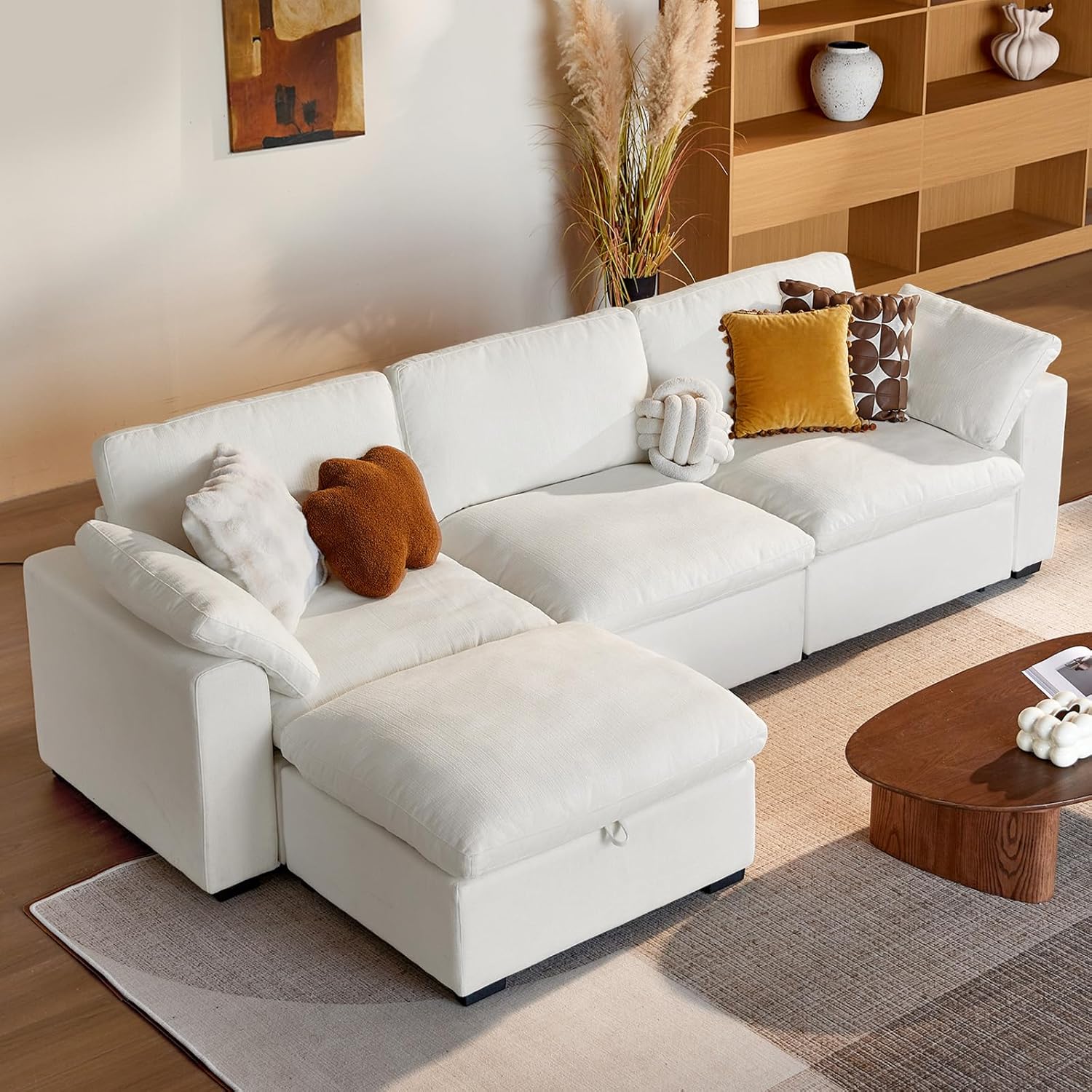 WEUP 120 Oversized Cloud Modular Sectional Sofa for Living Room, L Shaped Cloud Couch with Storage Ottoman, Down-Filled Wide Deep Seat, Solid Wood Frame, Tool Free Assembly, Beige