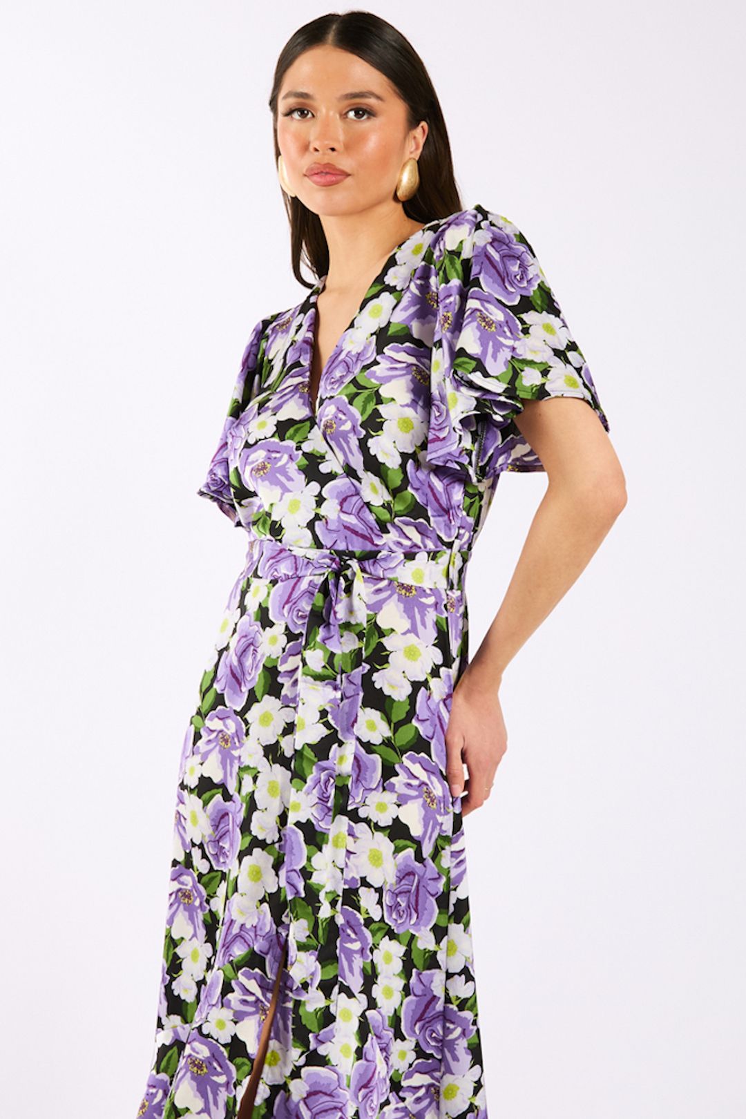 Needs No Label Purple Floral Wrap Midi Dress