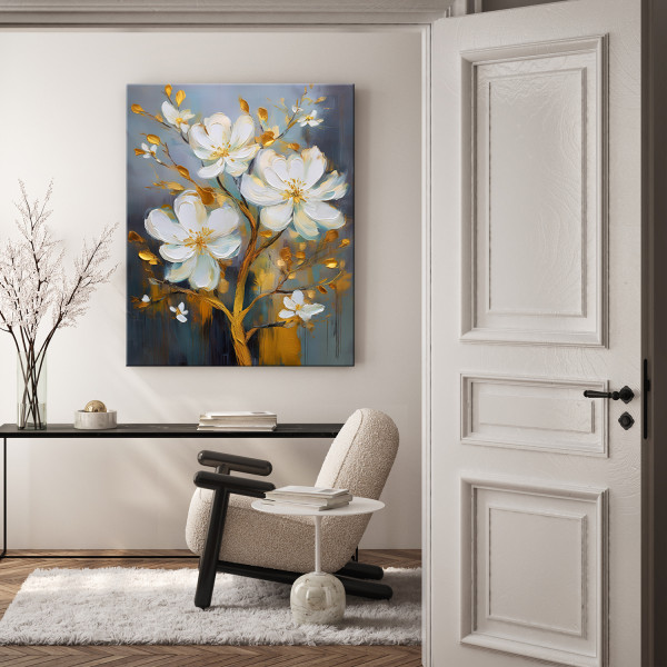 Feeby Obraz na płótnie, Białe Złote Kwiaty Malowane 40x60