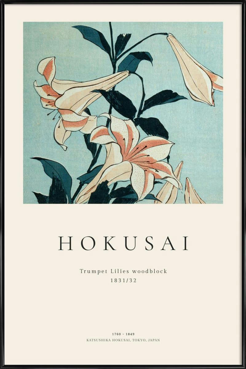 HOKUSAI - TRUMPET LILIES - Affiche dans cadre standard (noir) blanc ivoire & rose 40x60