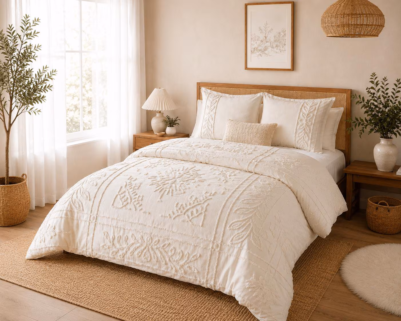 Flower Tufted Duvet Cover | 3 Piece Cotton Bed Cover Set | White / Ivory Bedding Set
