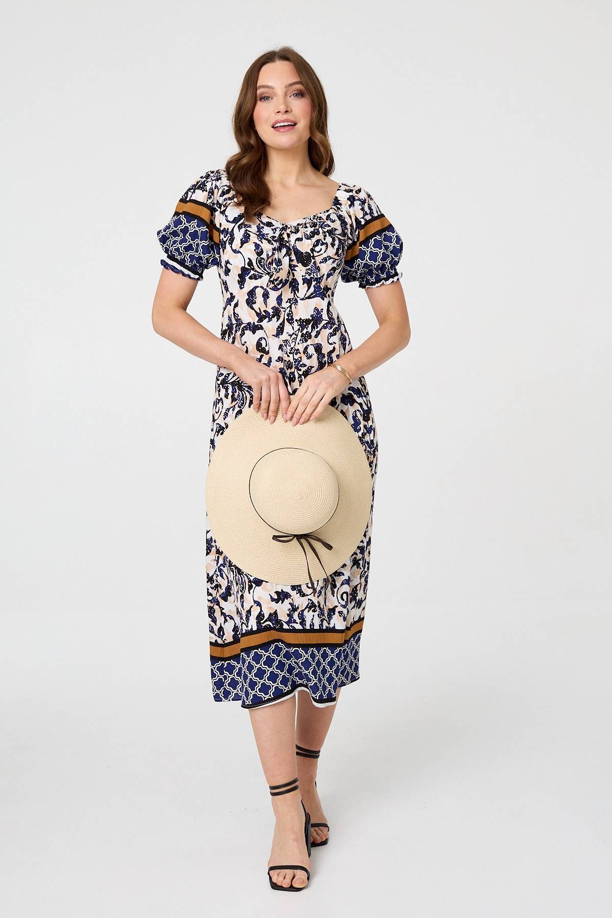Izabel London Floral Border Puff Sleeve Midi Dress