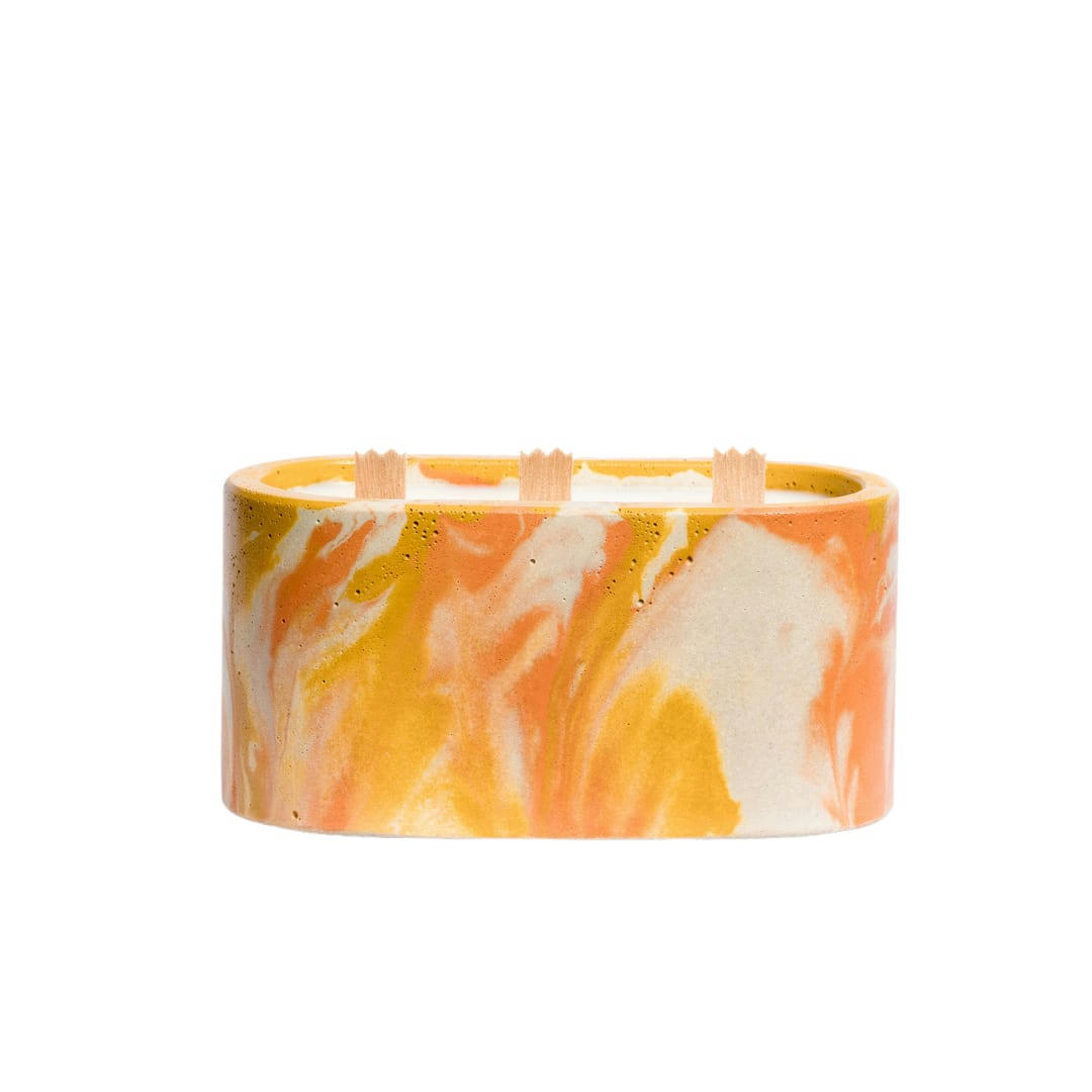 BOUGIES XXL -BÉTON TIE&DYE - Bougie xxl en béton tie&dye orange et jaune parfum fleur d'oranger