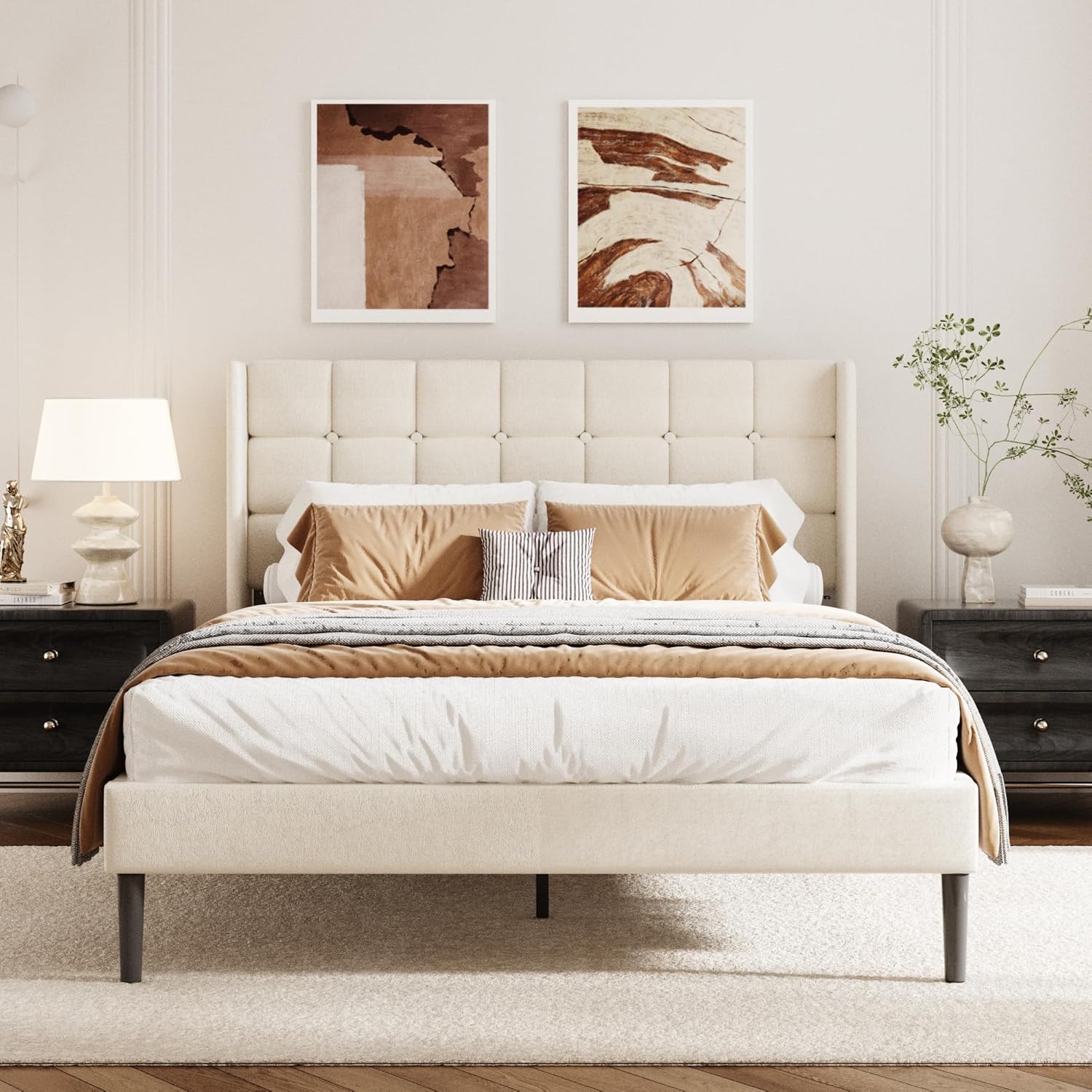 Queen Size Bed Frame with Wingback Headboard, Velvet Upholstered Platform Bed Frame with Button Tufted Headboard, Wooden Slats Support, No Box Spring Needed, Noise Free, Easy Assembly, Beige